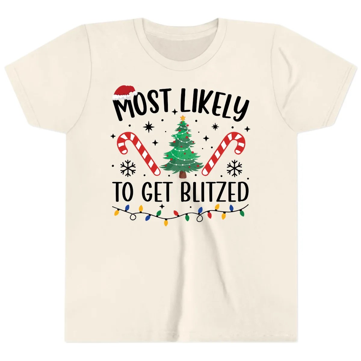 Most Likely To Get Blitzed Christmas Matching Youth T-Shirt in Natural