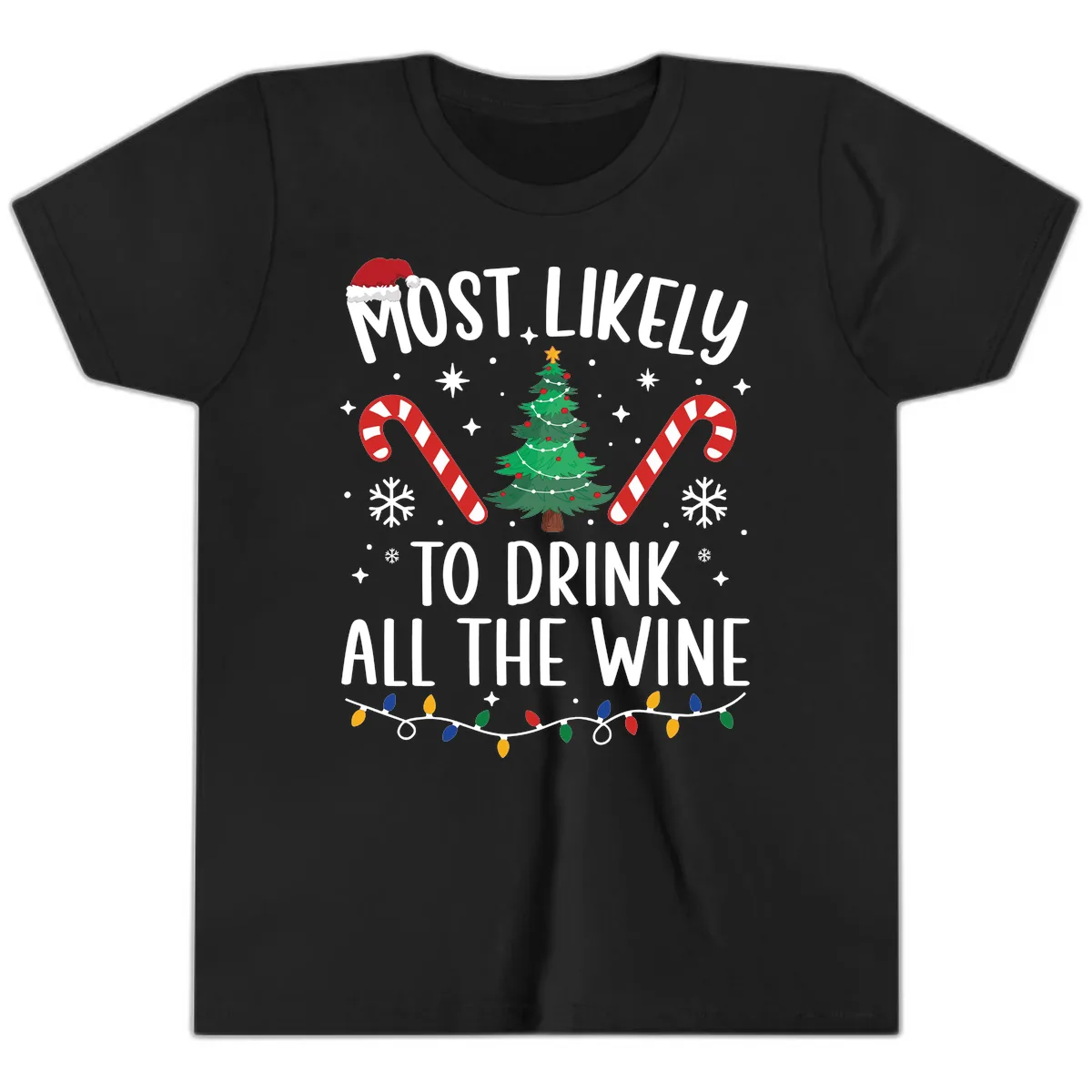 Most Likely To Drink All The Wine Christmas Shirt Youth T-Shirt in Black