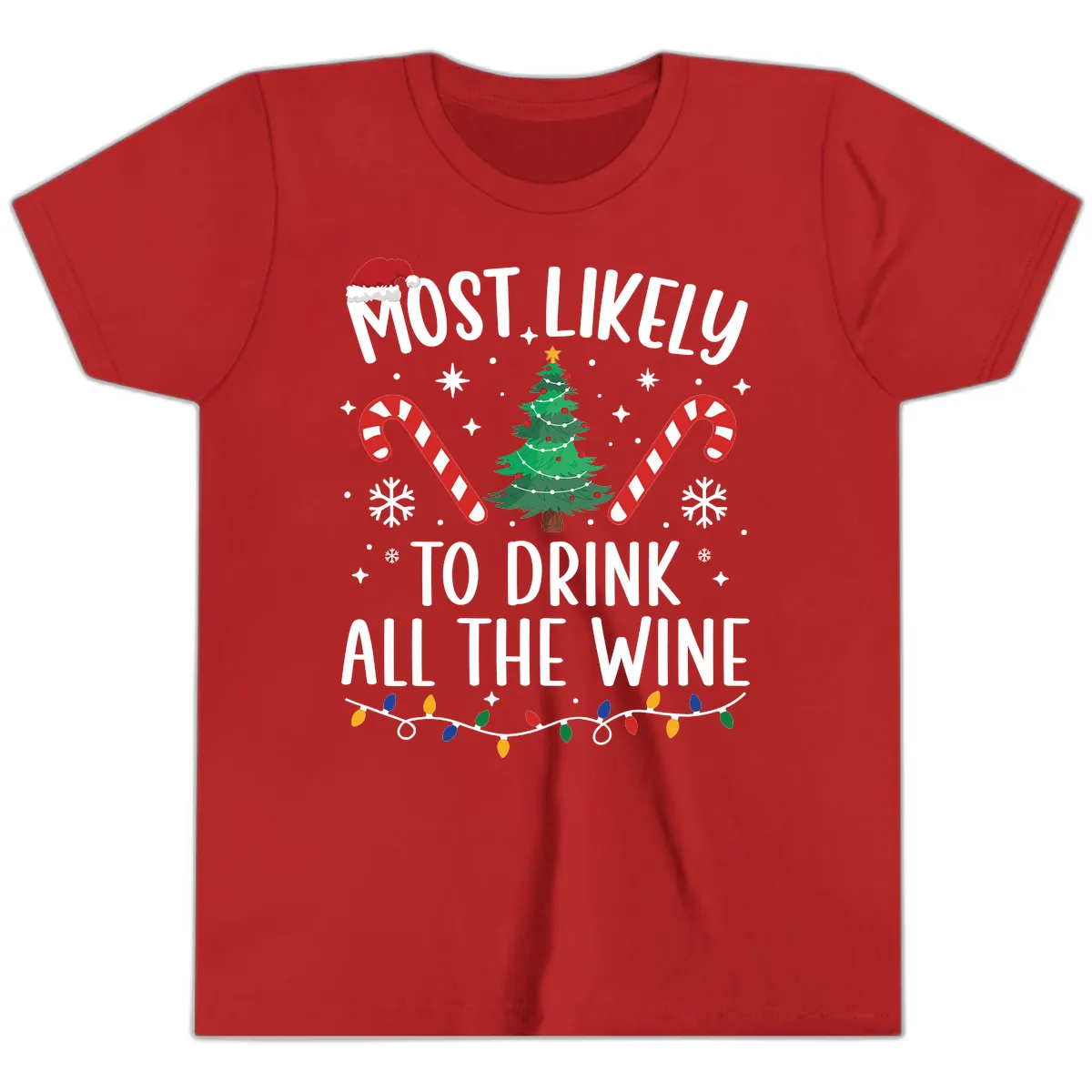Most Likely To Drink All The Wine Christmas Shirt Youth T-Shirt in Red