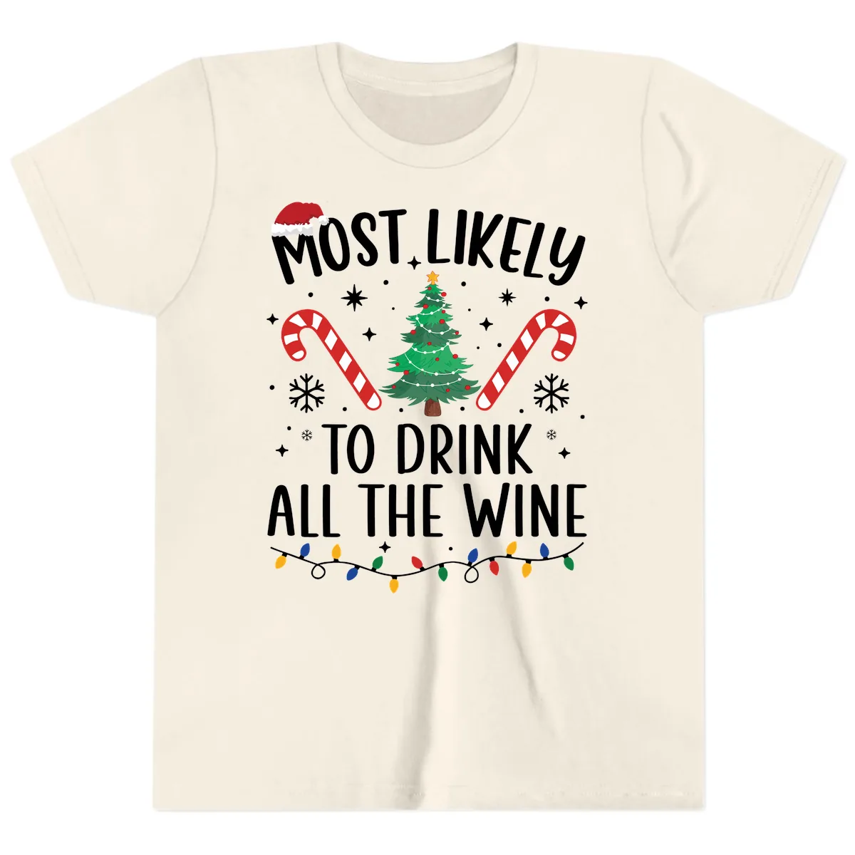 Most Likely To Drink All The Wine Christmas Shirt Youth T-Shirt in Natural