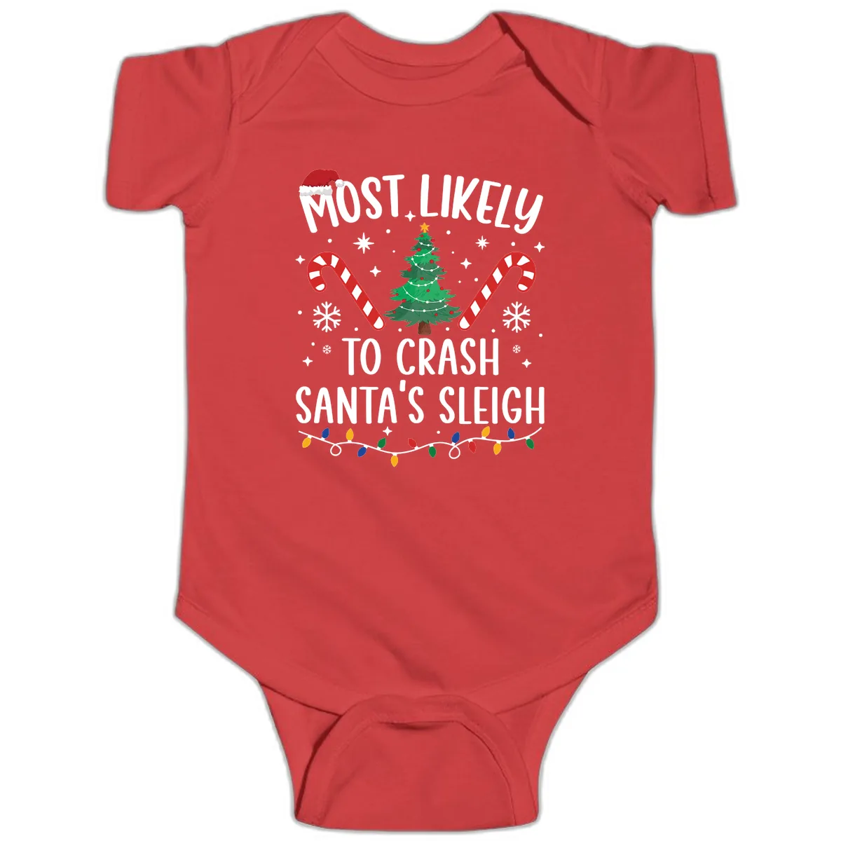 Most Likely To Crash Santa's Sleigh Baby Onesie in Red