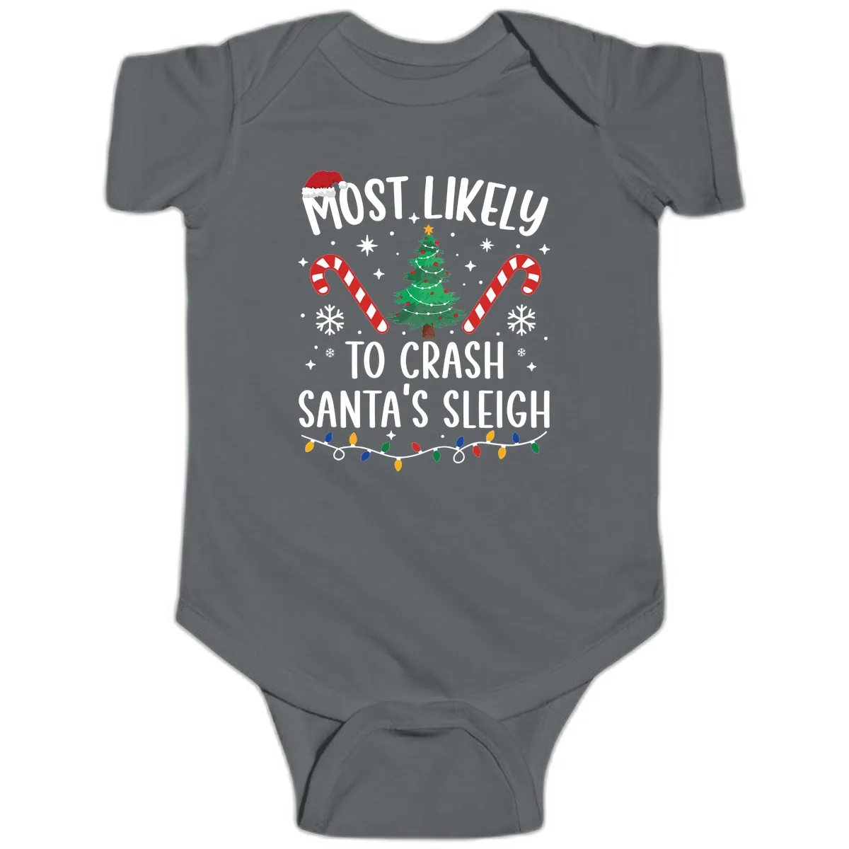 Most Likely To Crash Santa's Sleigh Baby Onesie in Charcoal