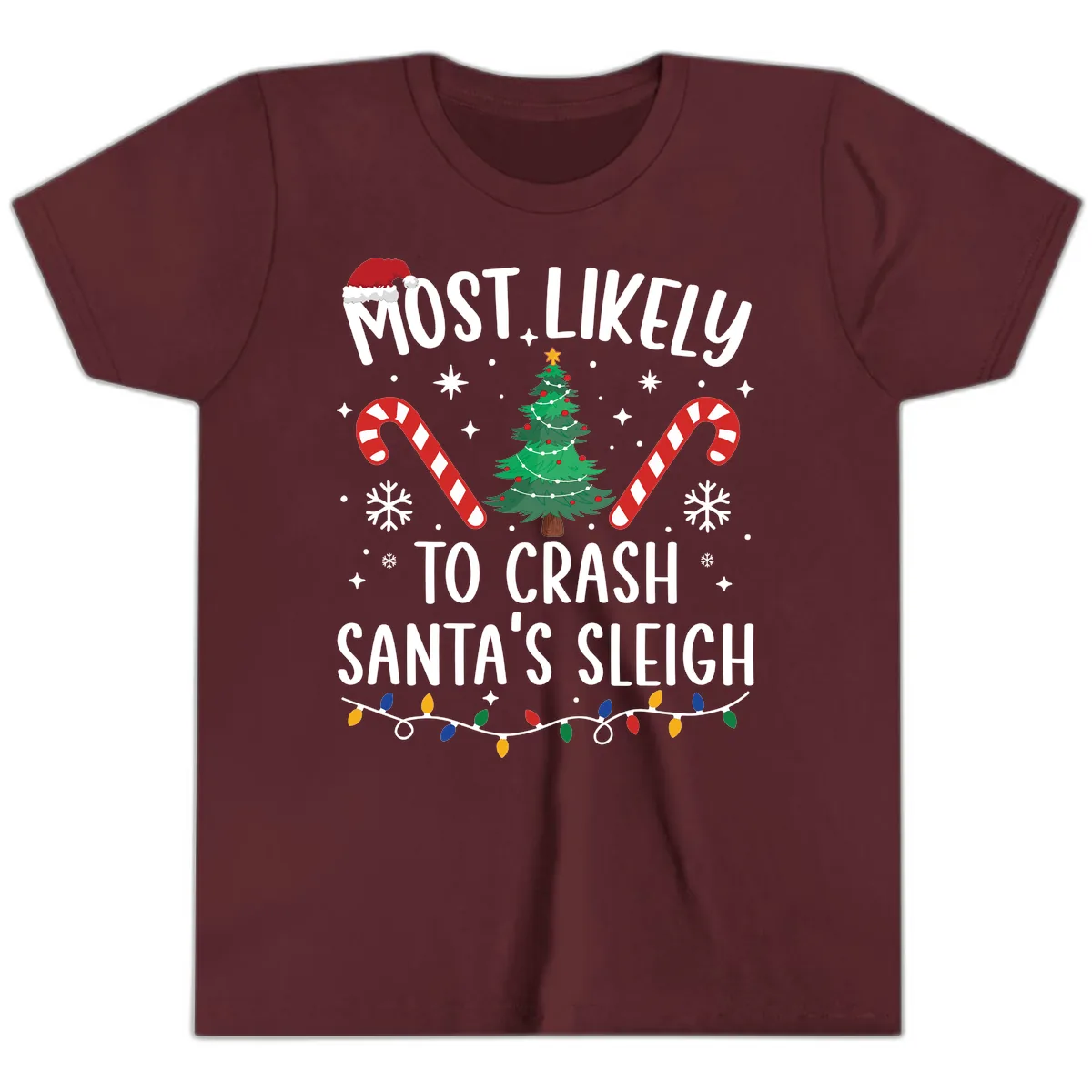Most Likely To Crash Santa's Sleigh Youth T-Shirt in Maroon