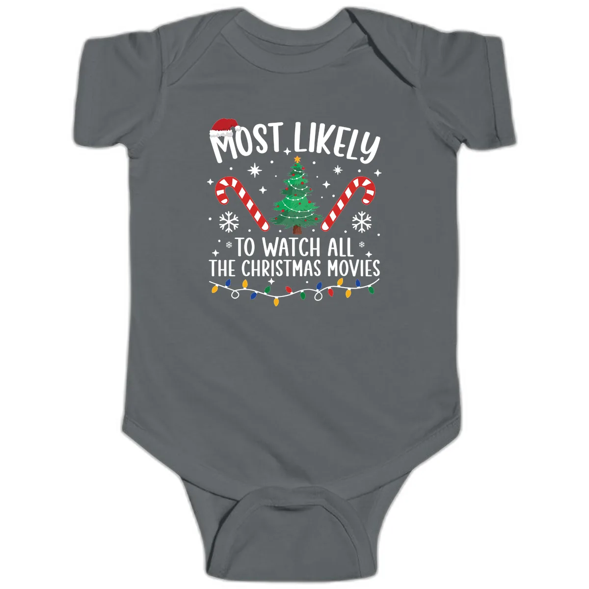 Most Likely To Watch All The Christmas Movies Baby Onesie in Charcoal