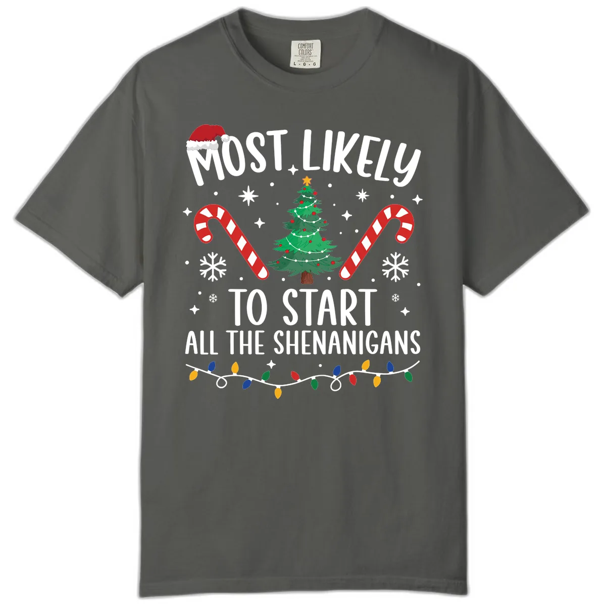 Most Likely To Start Shenanigans Christmas Tree Comfort Color in Pepper
