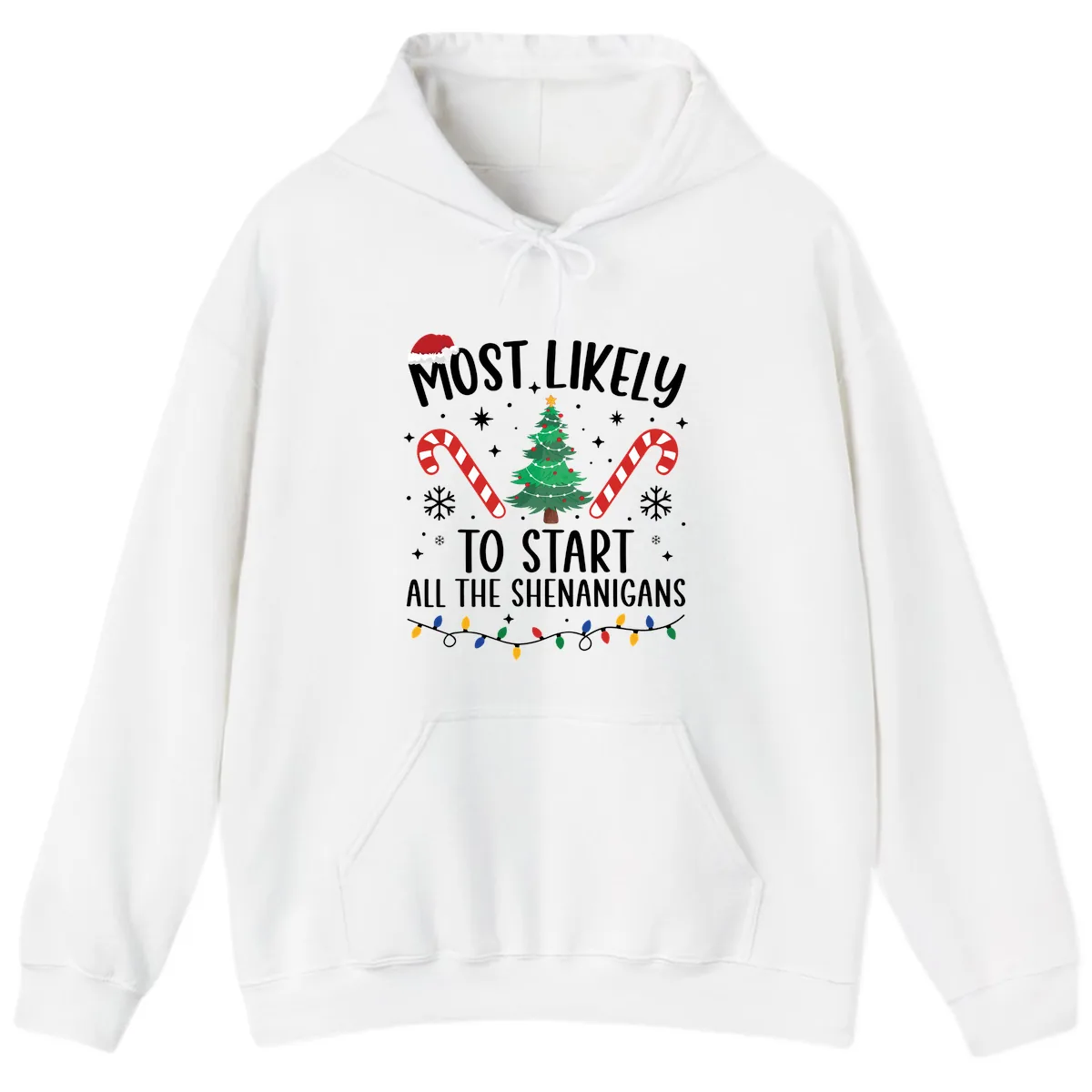 Most Likely To Start Shenanigans Christmas Tree Hoodie in White