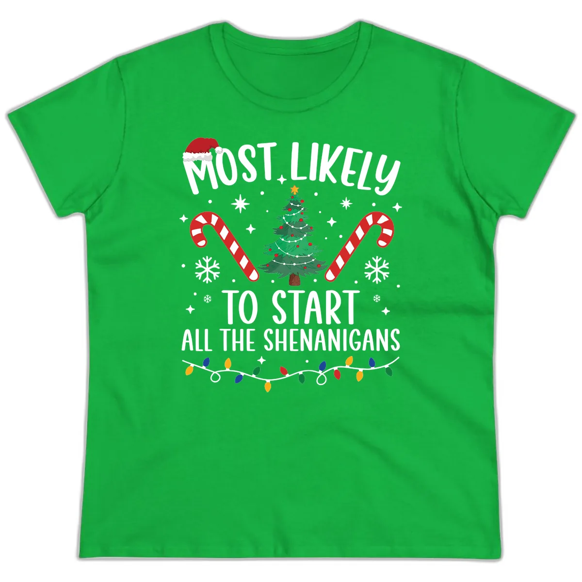 Most Likely To Start Shenanigans Christmas Tree Ladies Tee in Irish Green