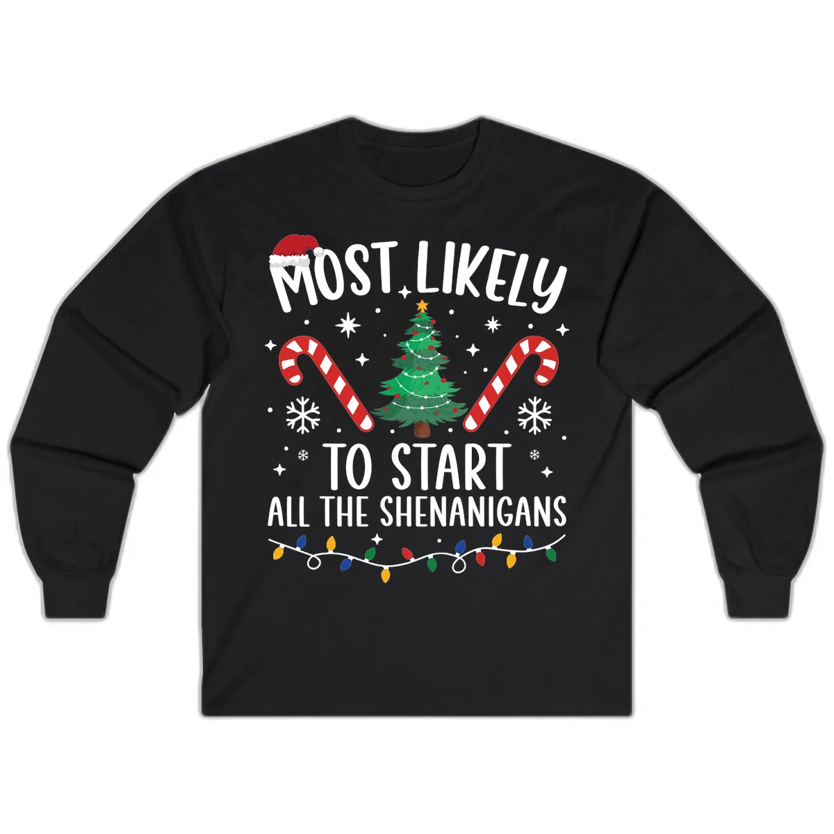 Most Likely To Start Shenanigans Christmas Tree Long Sleeve in Black
