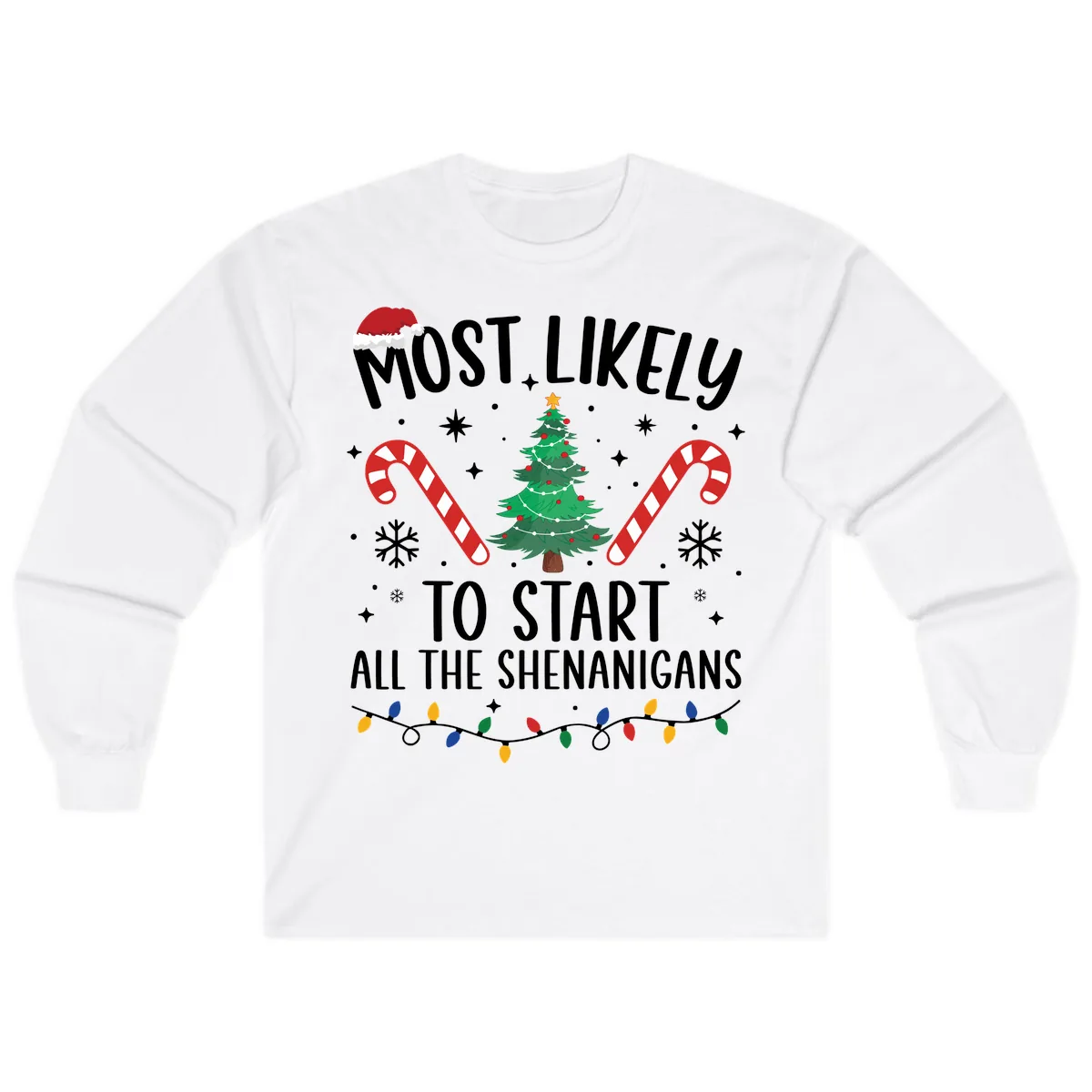 Most Likely To Start Shenanigans Christmas Tree Long Sleeve in White