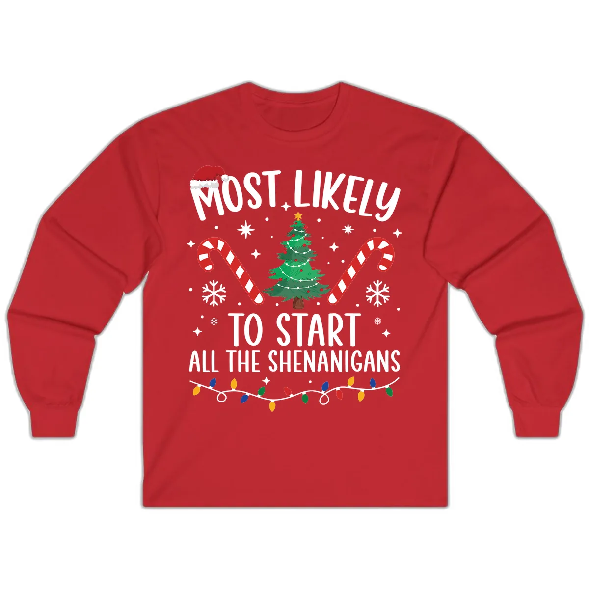 Most Likely To Start Shenanigans Christmas Tree Long Sleeve in Red