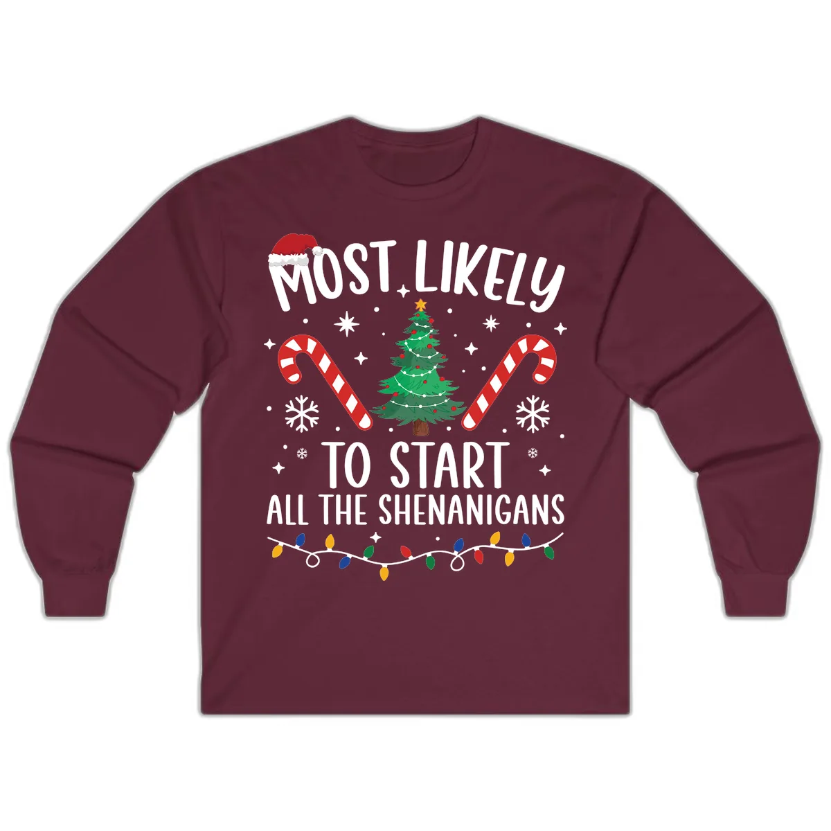 Most Likely To Start Shenanigans Christmas Tree Long Sleeve in Maroon