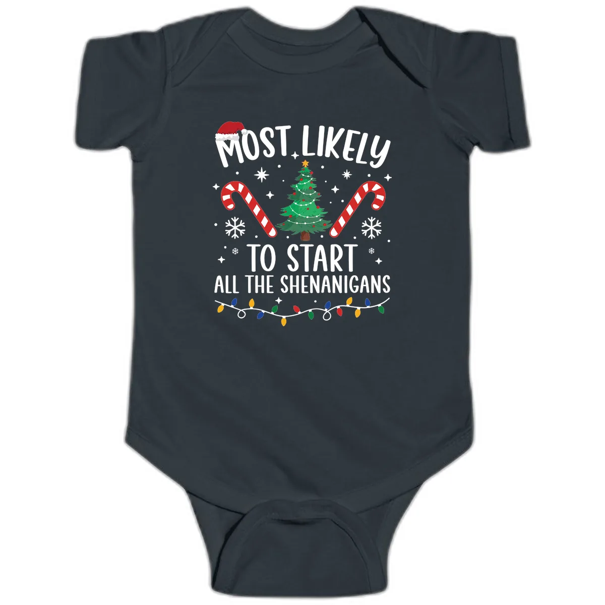 Most Likely To Start Shenanigans Christmas Tree Baby Onesie in Black