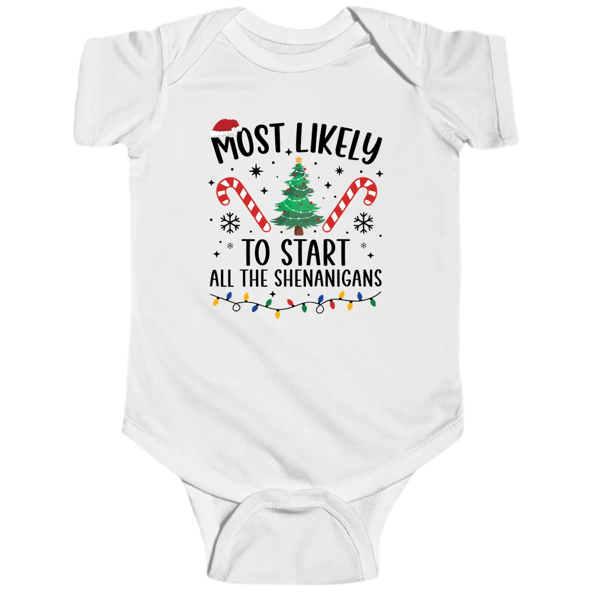 Most Likely To Start Shenanigans Christmas Tree Baby Onesie in White