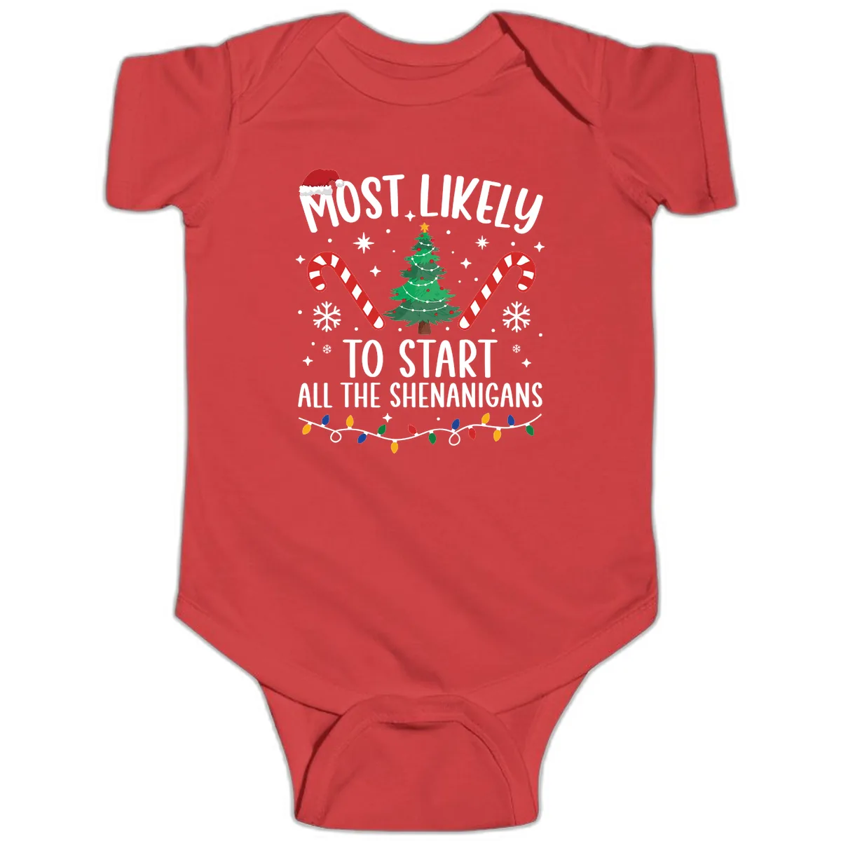 Most Likely To Start Shenanigans Christmas Tree Baby Onesie in Red