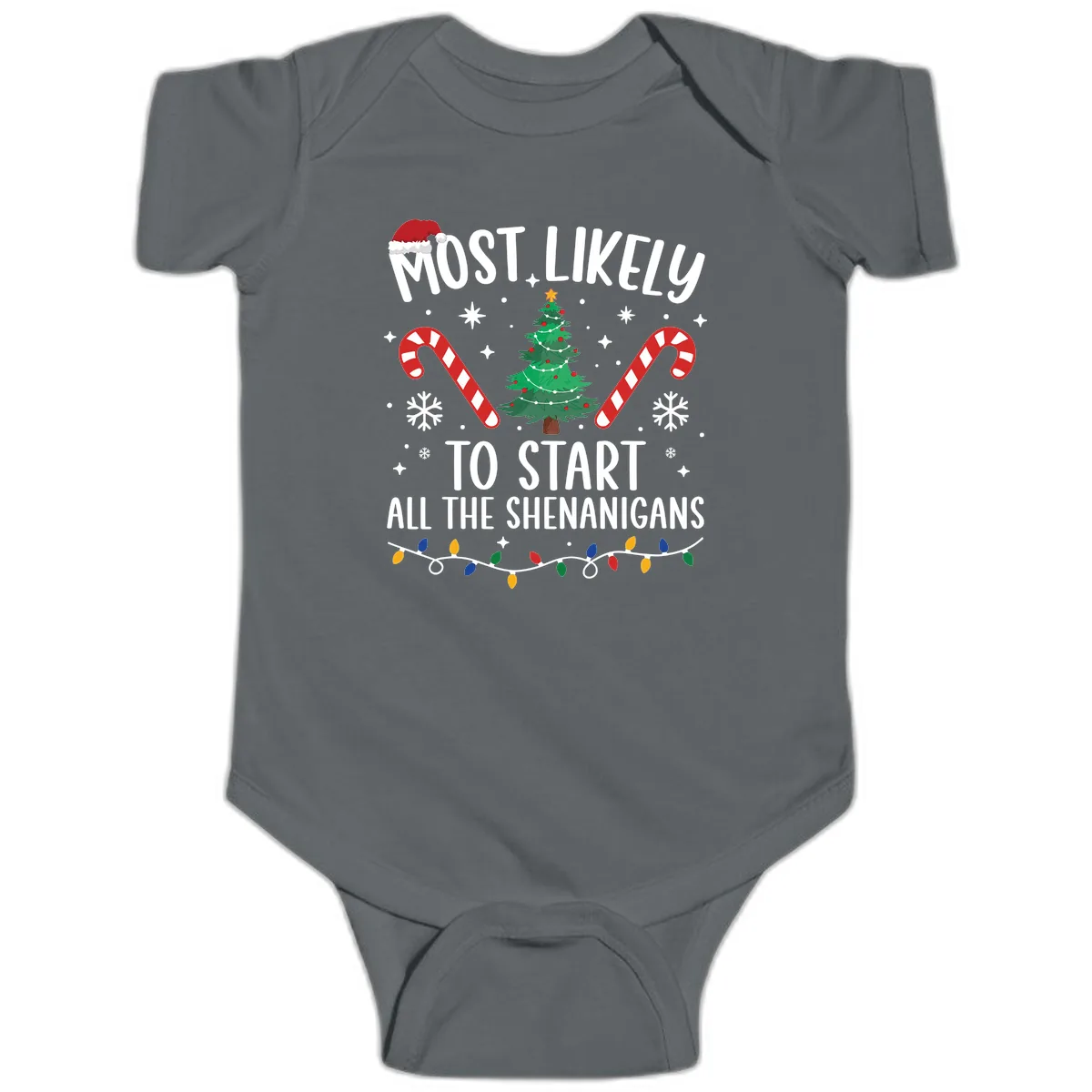 Most Likely To Start Shenanigans Christmas Tree Baby Onesie in Charcoal