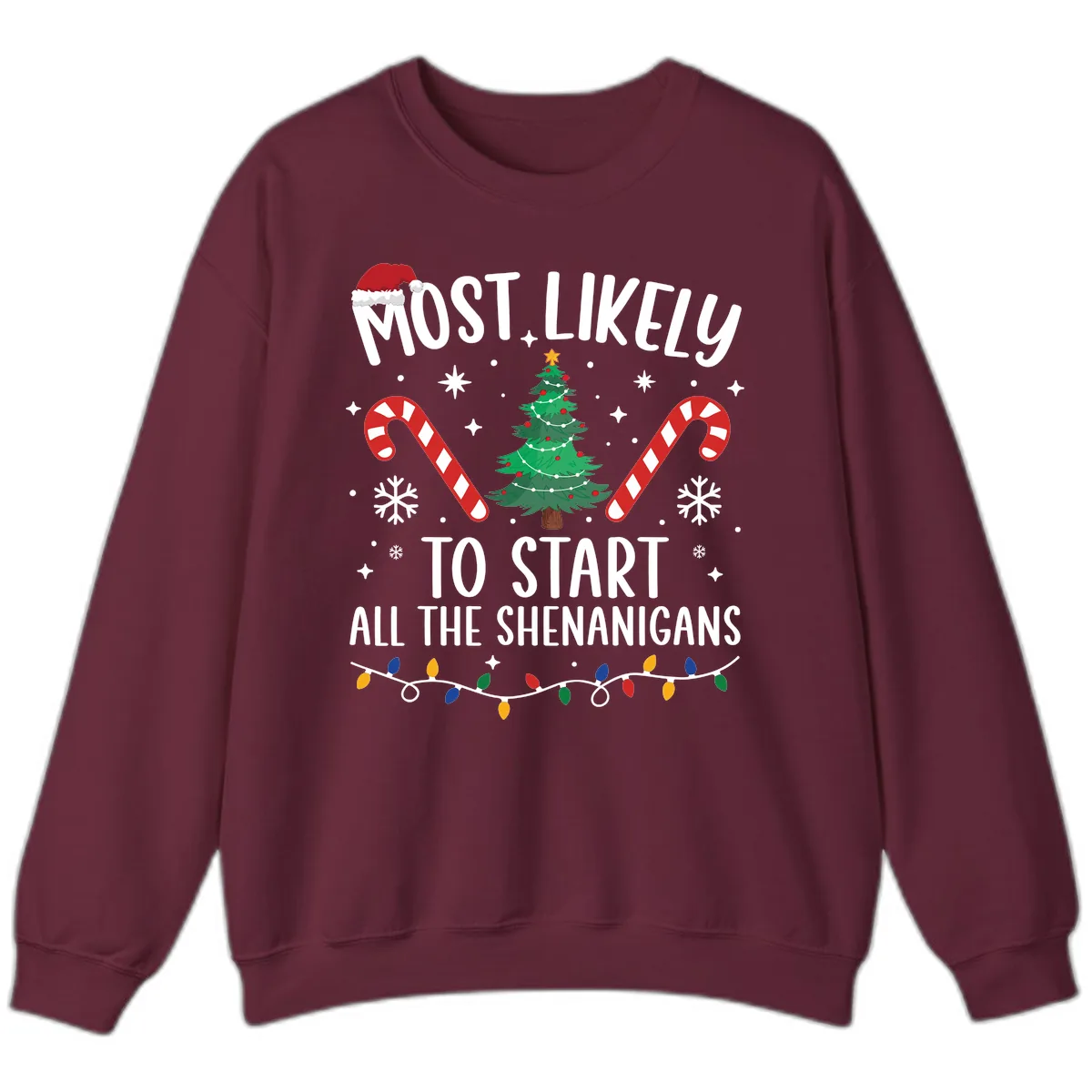 Most Likely To Start Shenanigans Christmas Tree Sweatshirt in Maroon