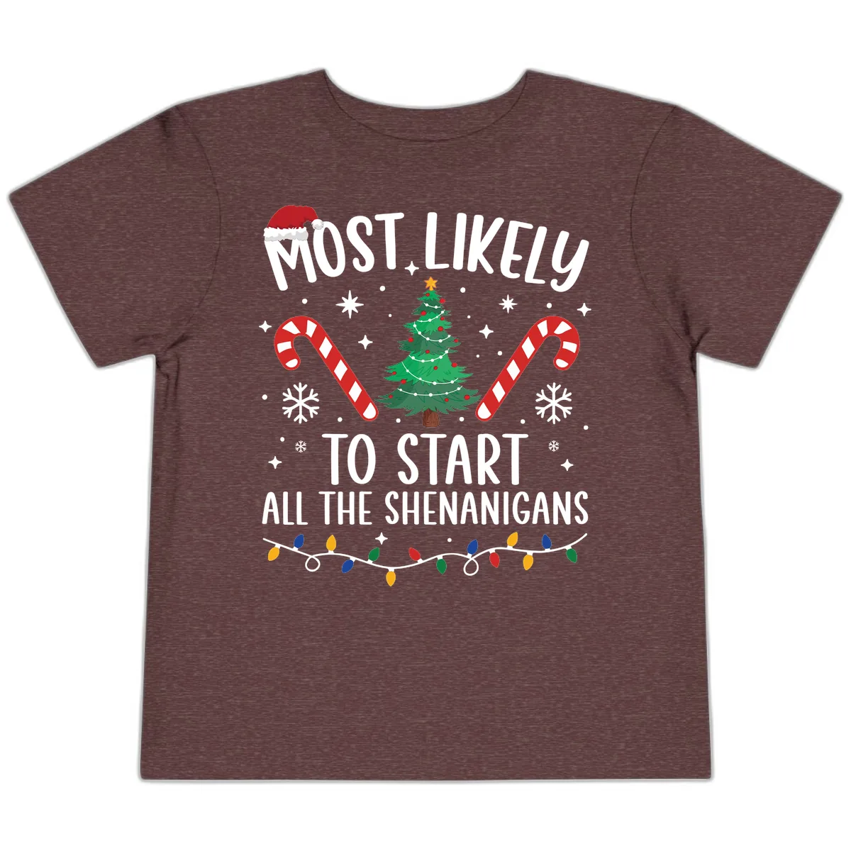 Most Likely To Start Shenanigans Christmas Tree Toddler T-Shirt in Heather Maroon