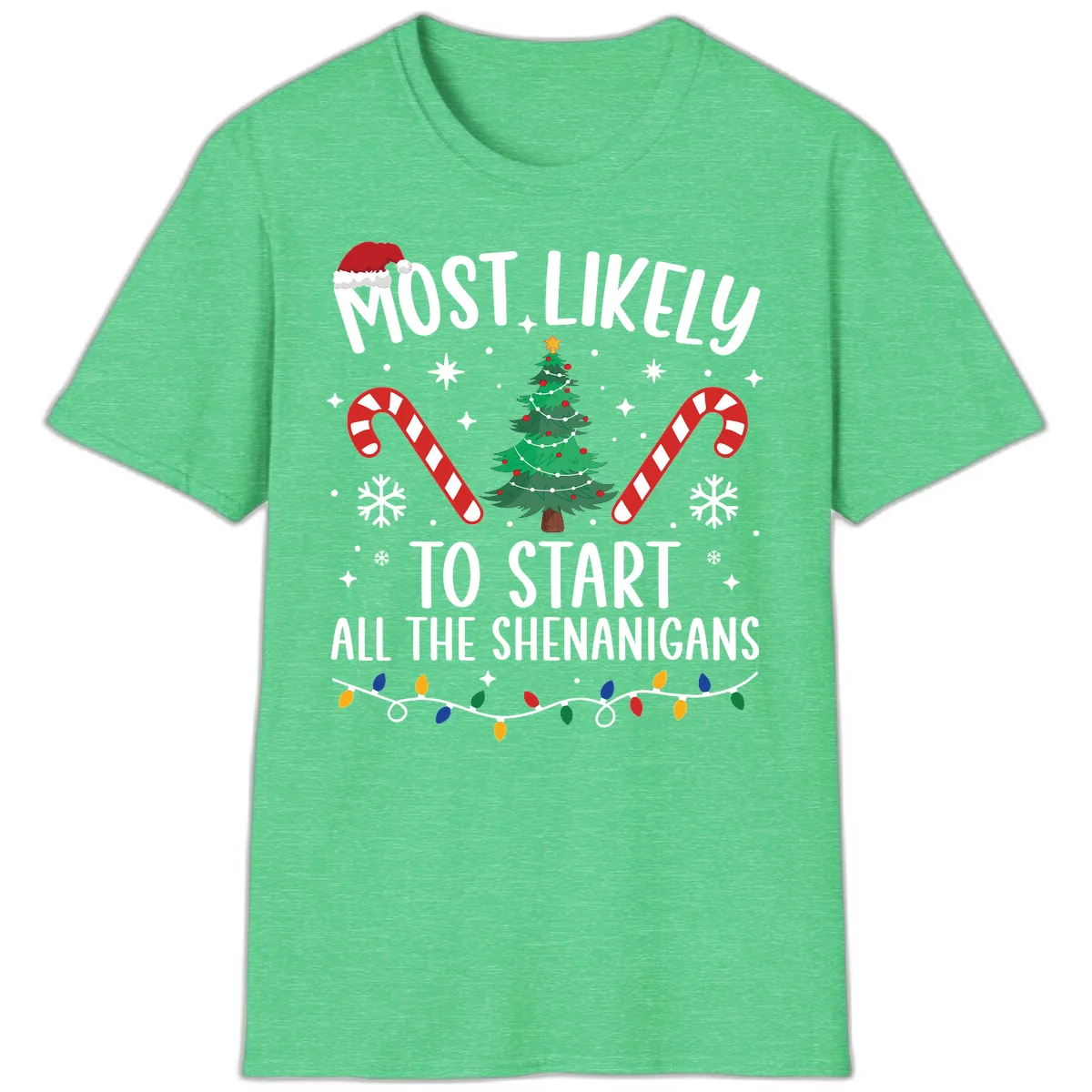 Most Likely To Start Shenanigans Christmas Tree T-Shirt in Heather Irish Green