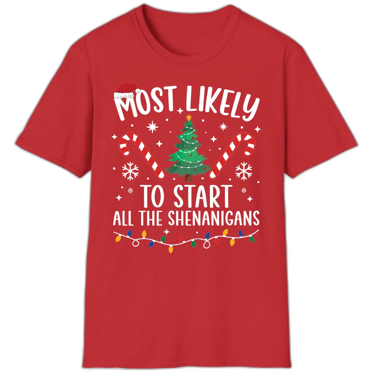 Most Likely To Start Shenanigans Christmas Tree T-Shirt in Red
