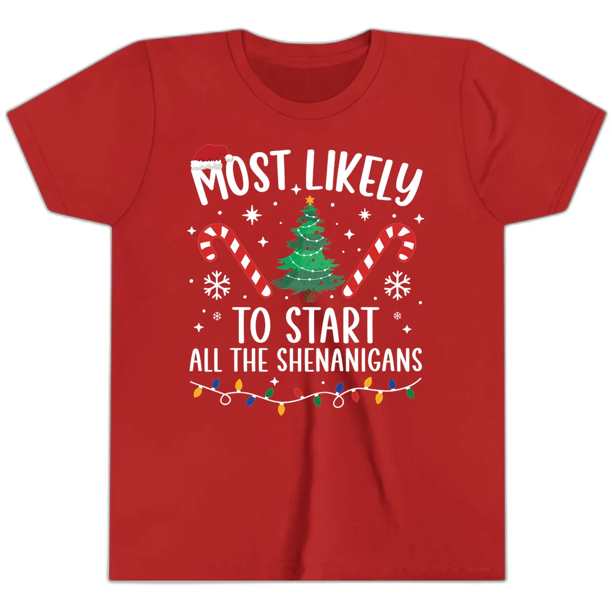 Most Likely To Start Shenanigans Christmas Tree Youth T-Shirt in Red