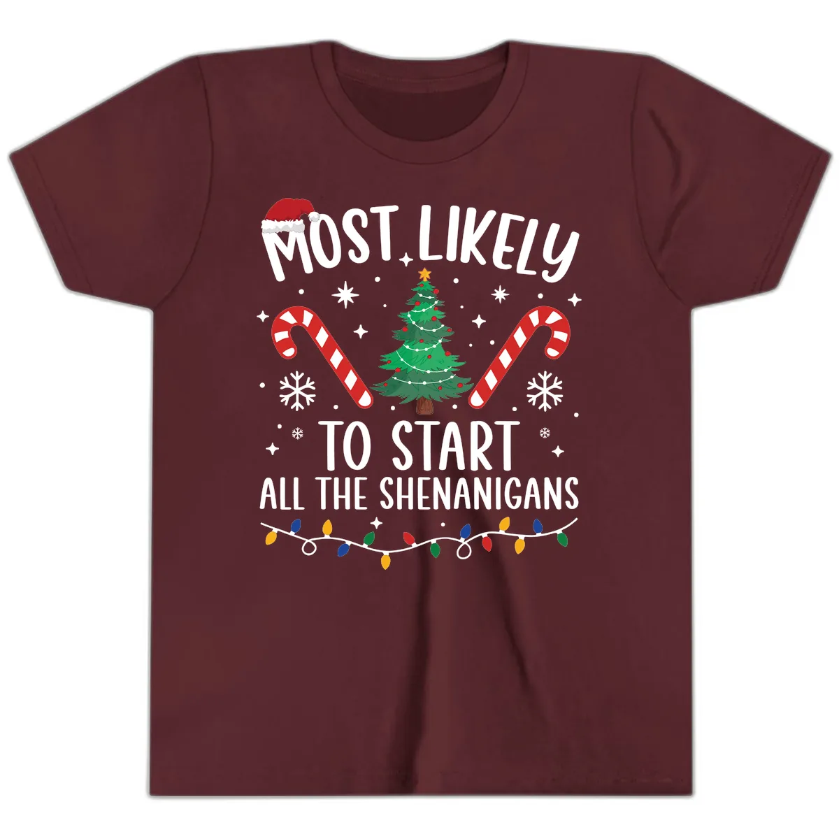 Most Likely To Start Shenanigans Christmas Tree Youth T-Shirt in Maroon