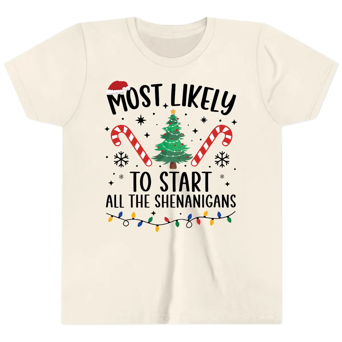 Most Likely To Start Shenanigans Christmas Tree Youth T-Shirt in Natural