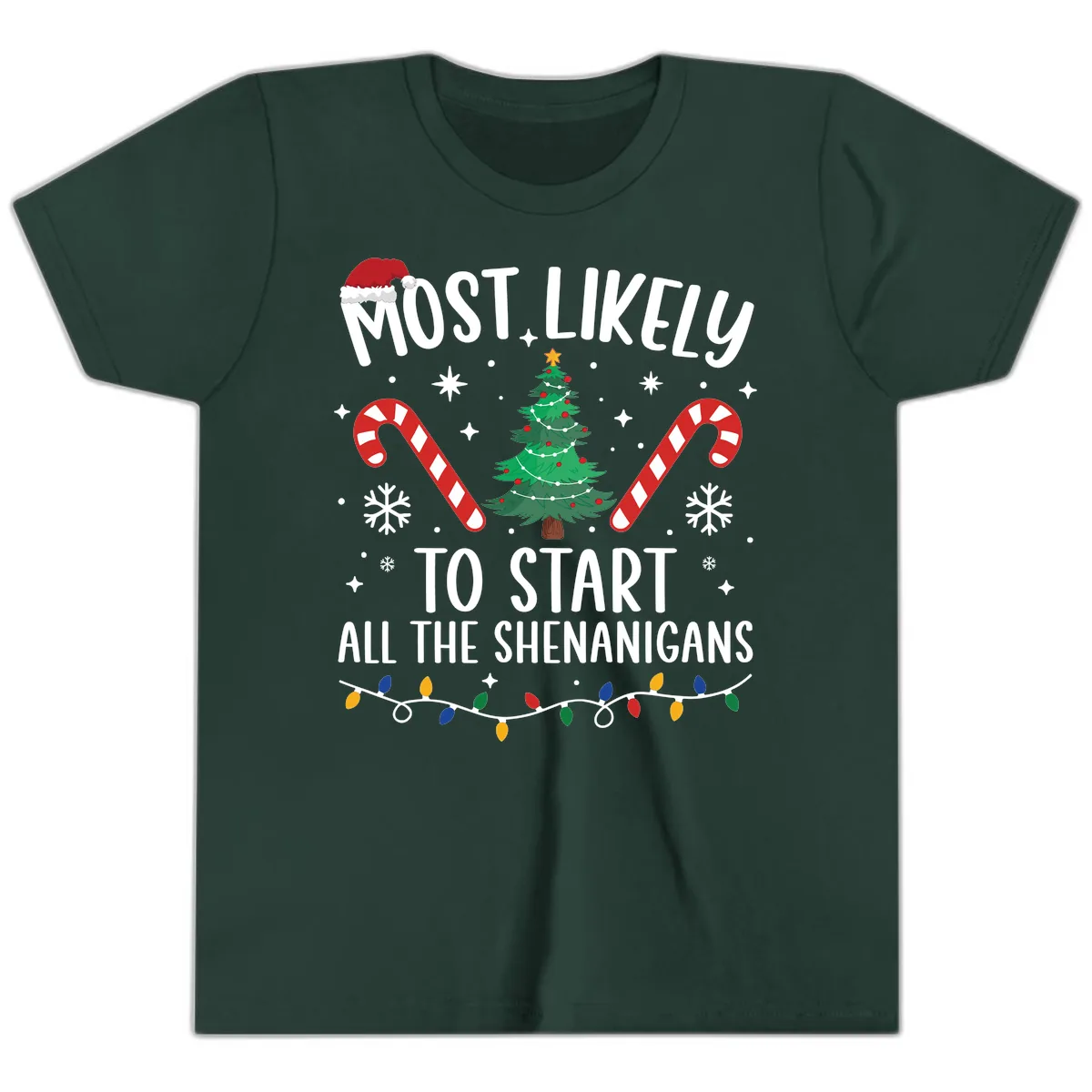 Most Likely To Start Shenanigans Christmas Tree Youth T-Shirt in Forest