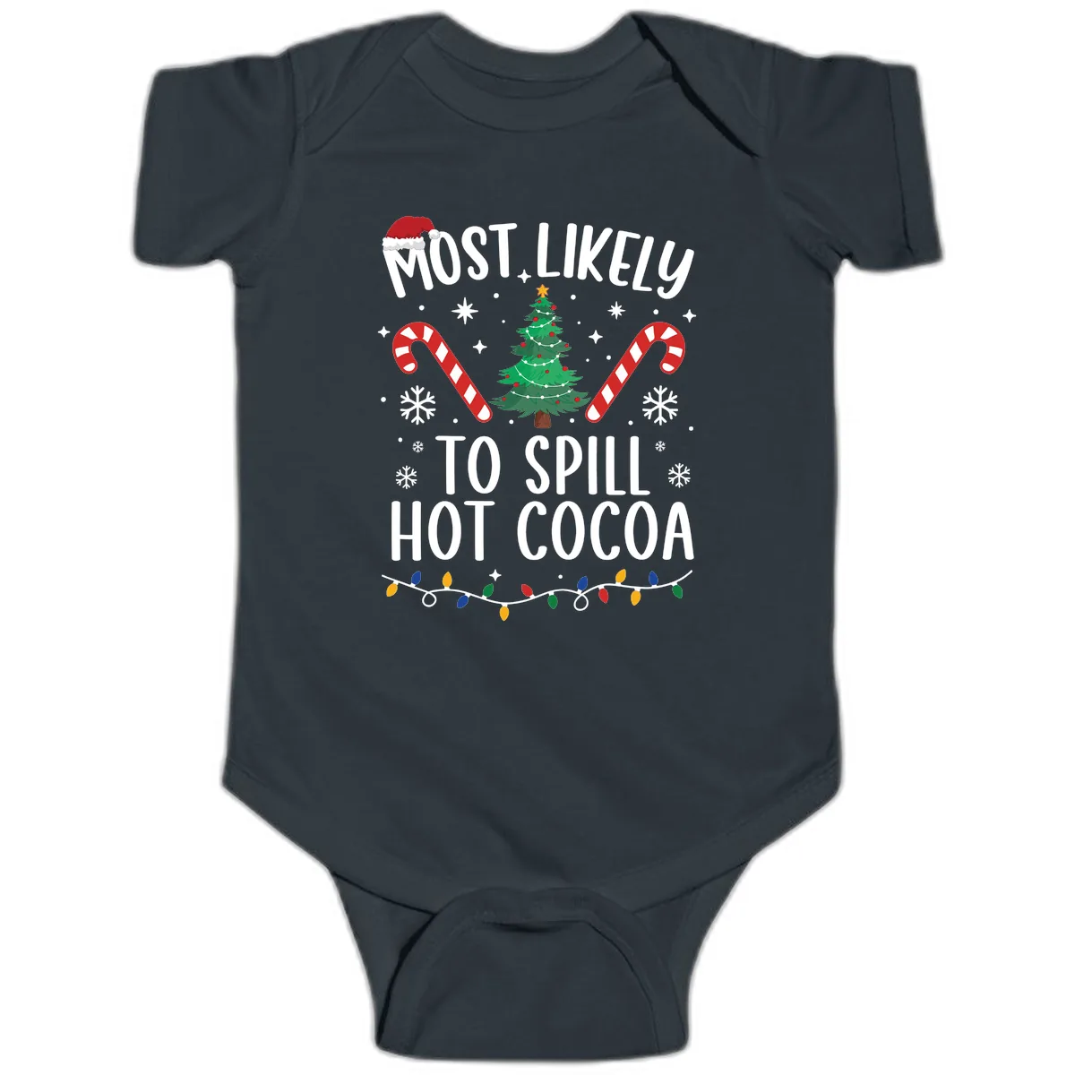 Most Likely To Spill Hot Cocoa Christmas Baby Onesie in Black