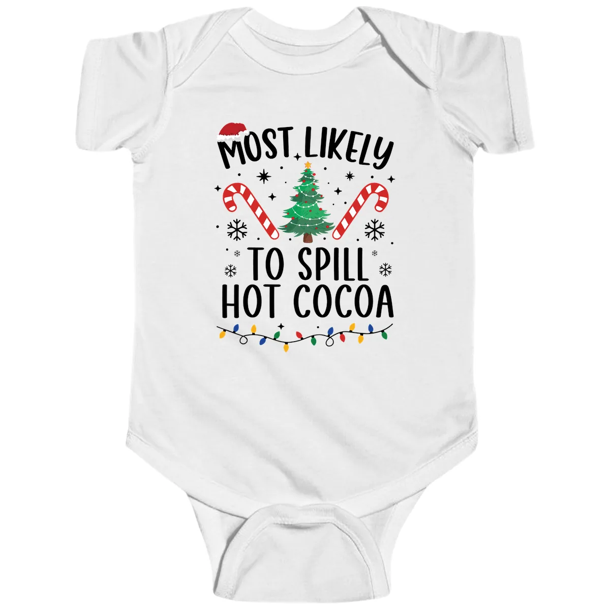 Most Likely To Spill Hot Cocoa Christmas Baby Onesie in White