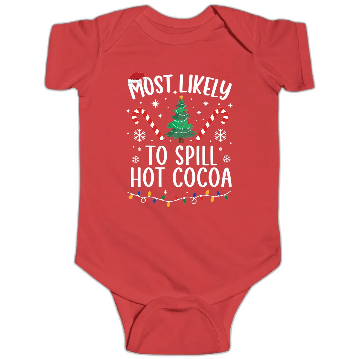 Most Likely To Spill Hot Cocoa Christmas Baby Onesie in Red