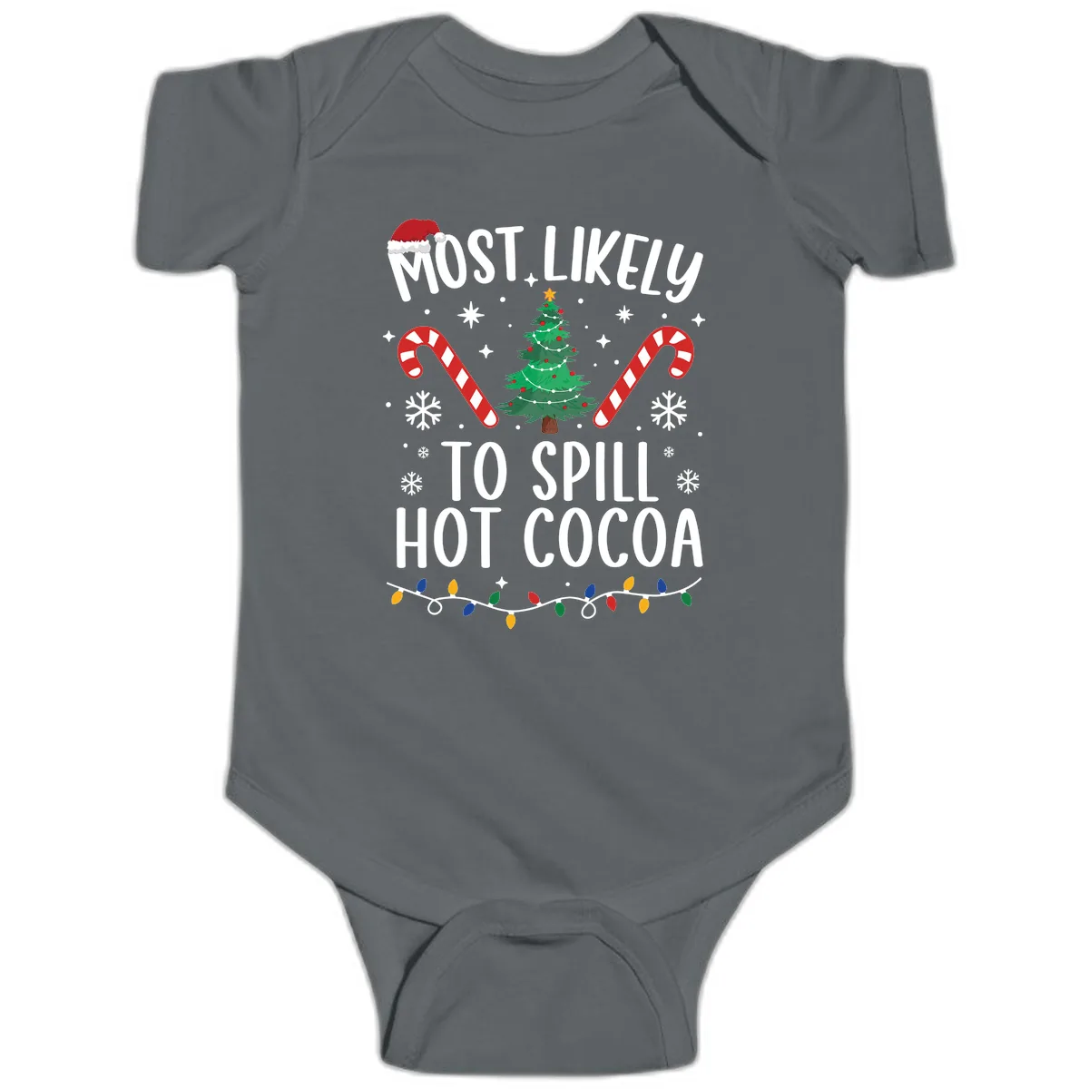 Most Likely To Spill Hot Cocoa Christmas Baby Onesie in Charcoal