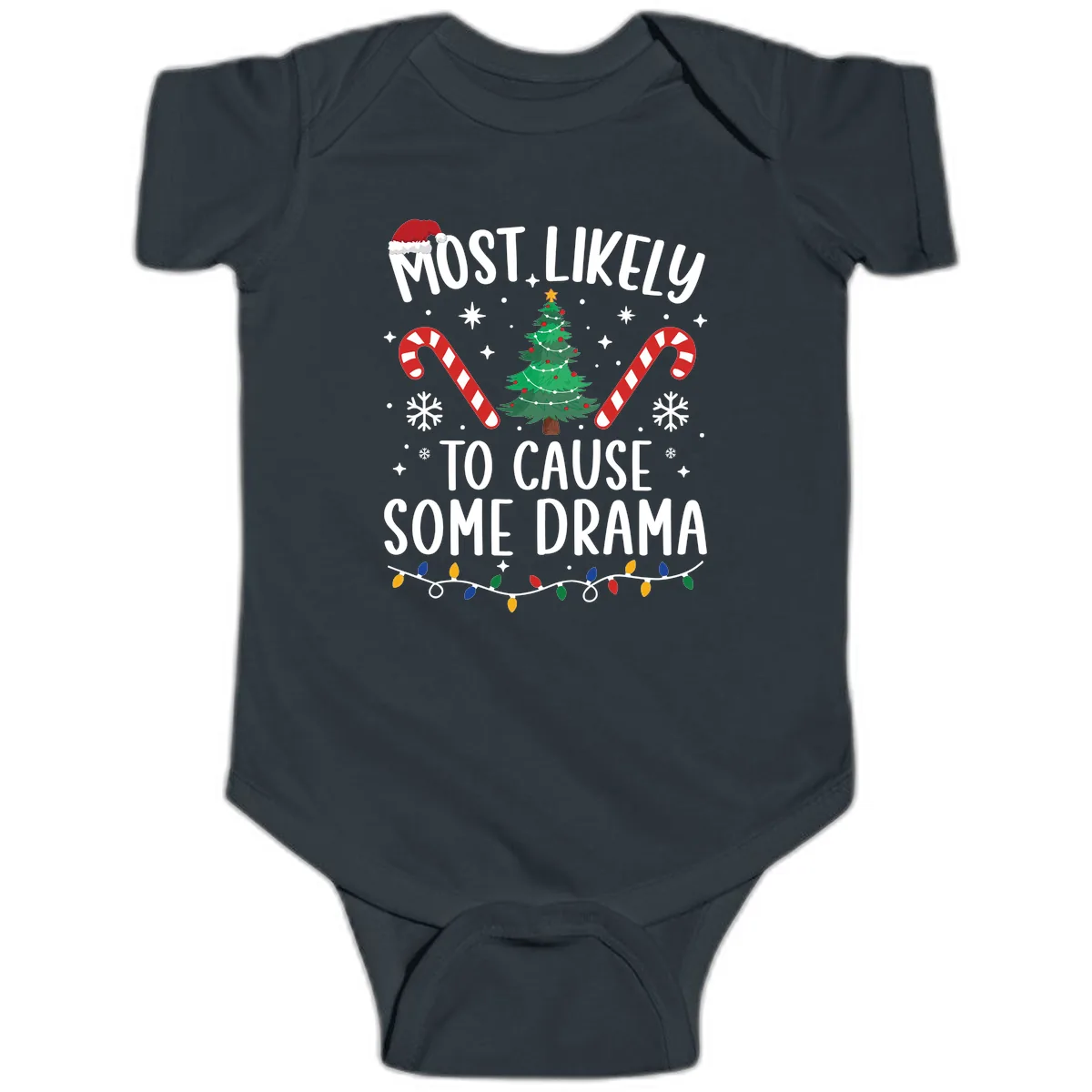 Most Likely To Cause Some Drama Christmas Baby Onesie in Black