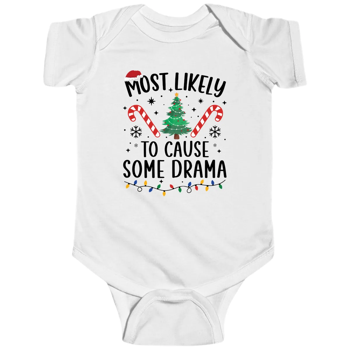 Most Likely To Cause Some Drama Christmas Baby Onesie in White