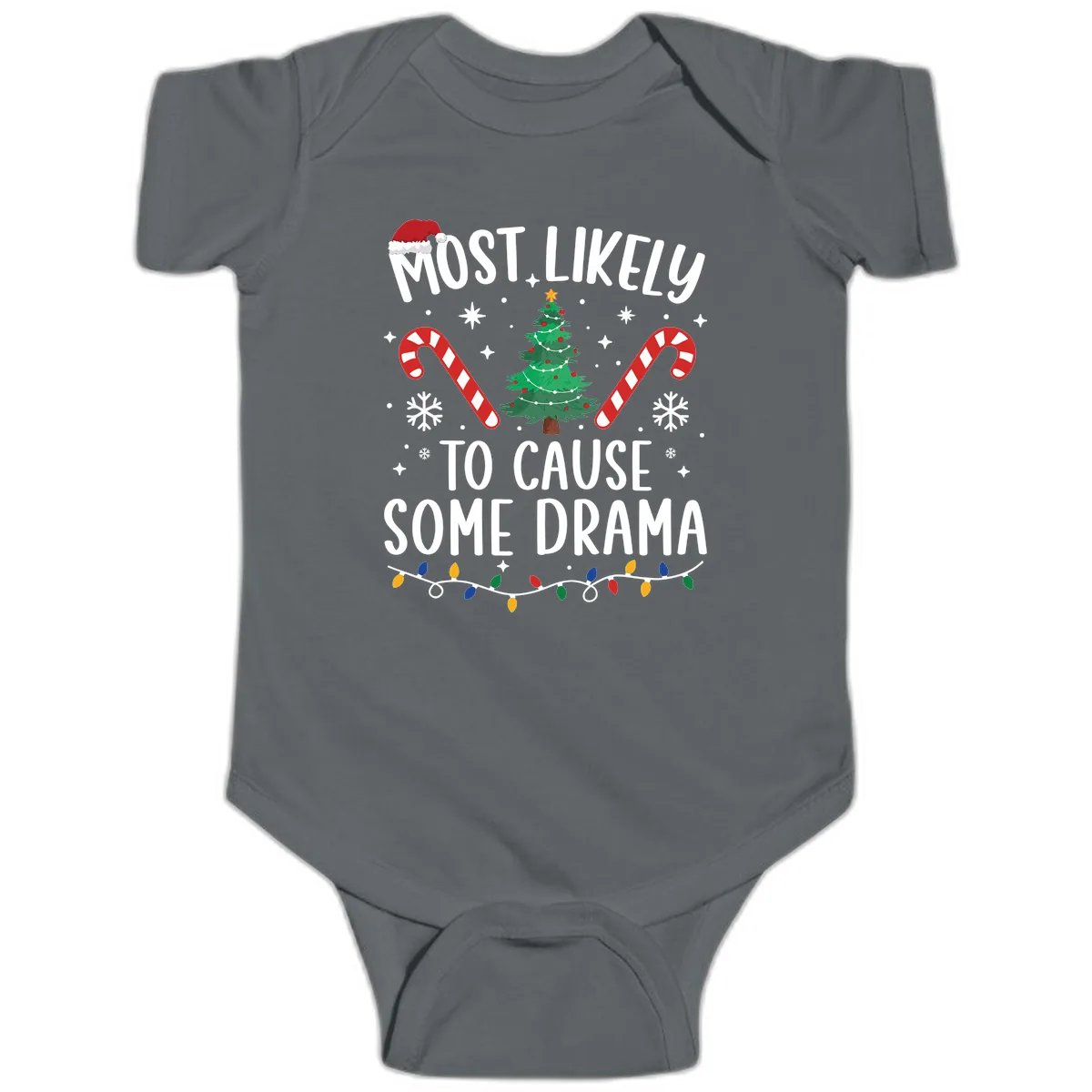Most Likely To Cause Some Drama Christmas Baby Onesie in Charcoal