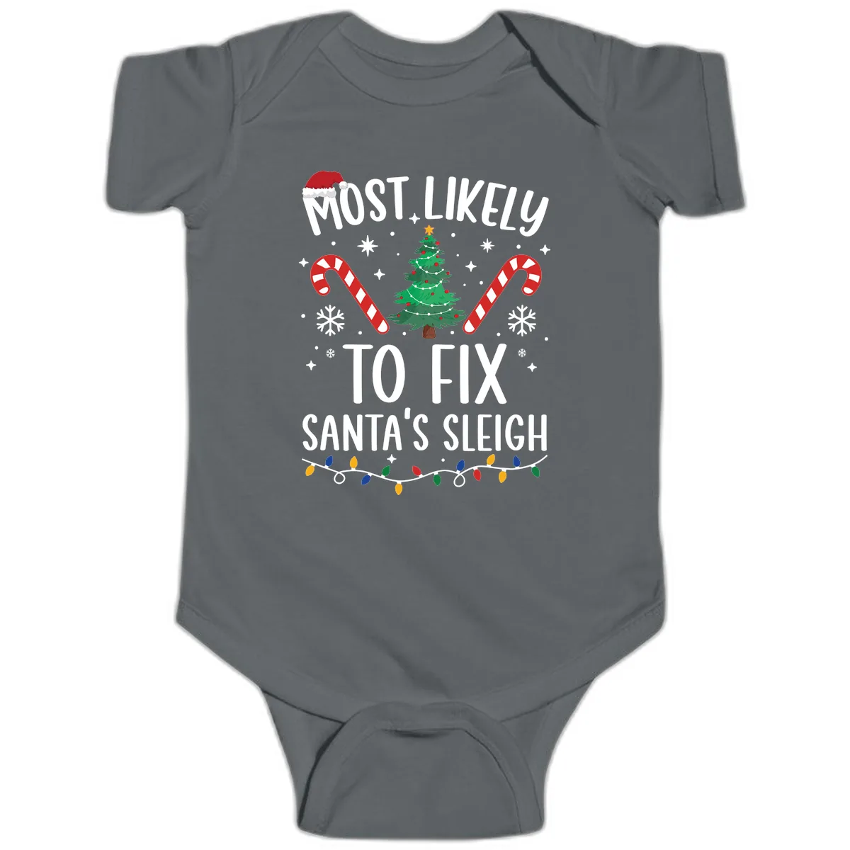 Most Likely To Fix Santa's Sleigh Christmas Baby Onesie in Charcoal