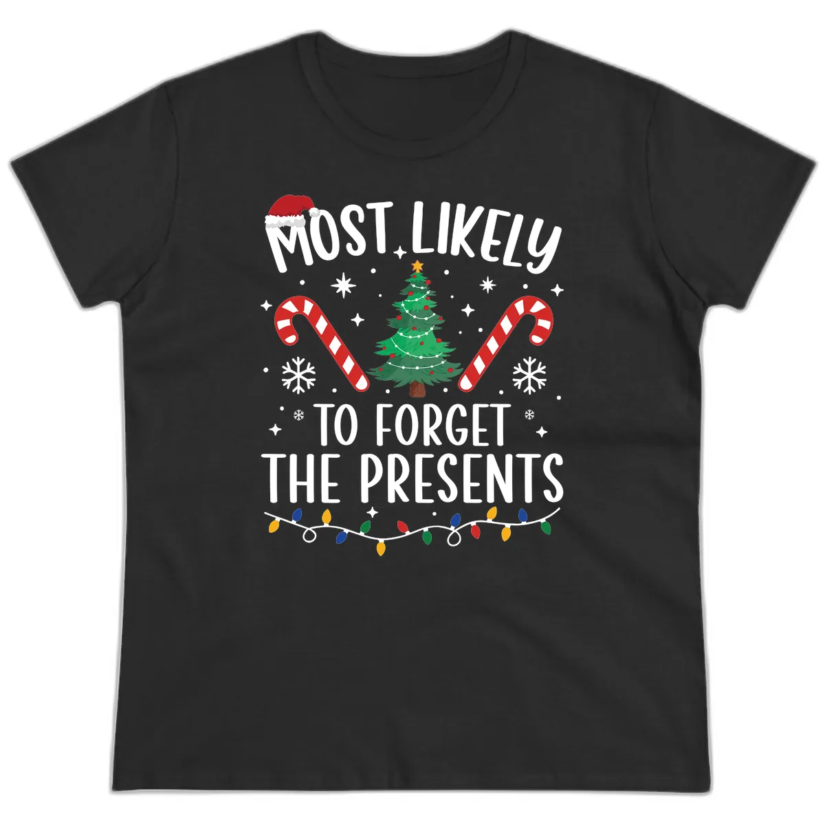 Most Likely To Forget The Presents Ladies Tee in Black