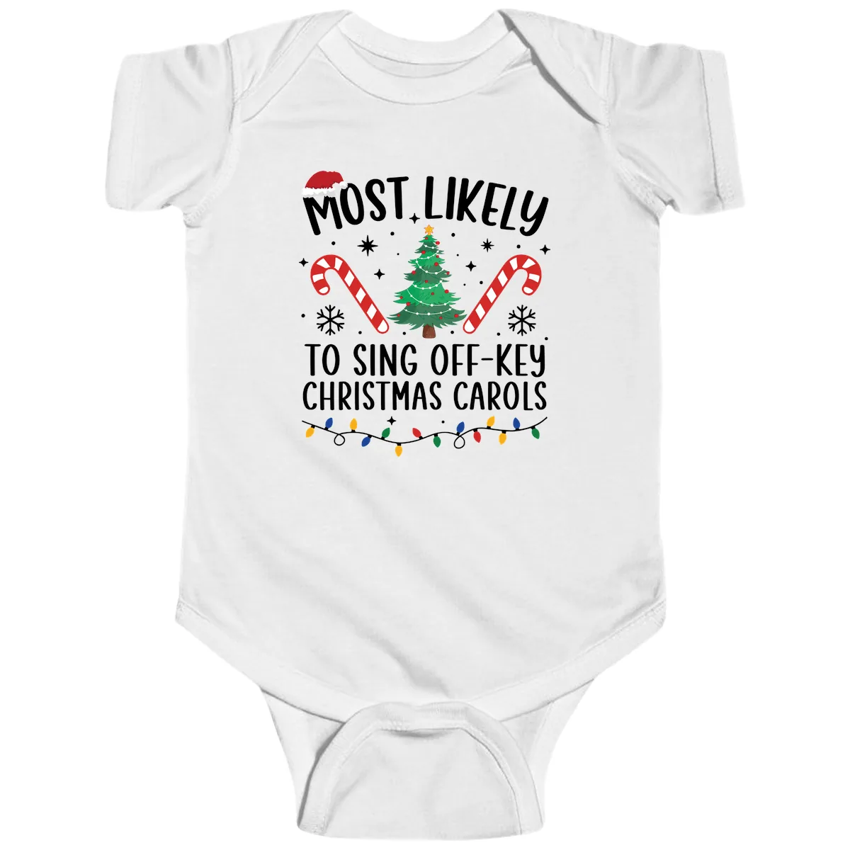 Most Likely To Sing Off-Key Christmas Carols Baby Onesie in White