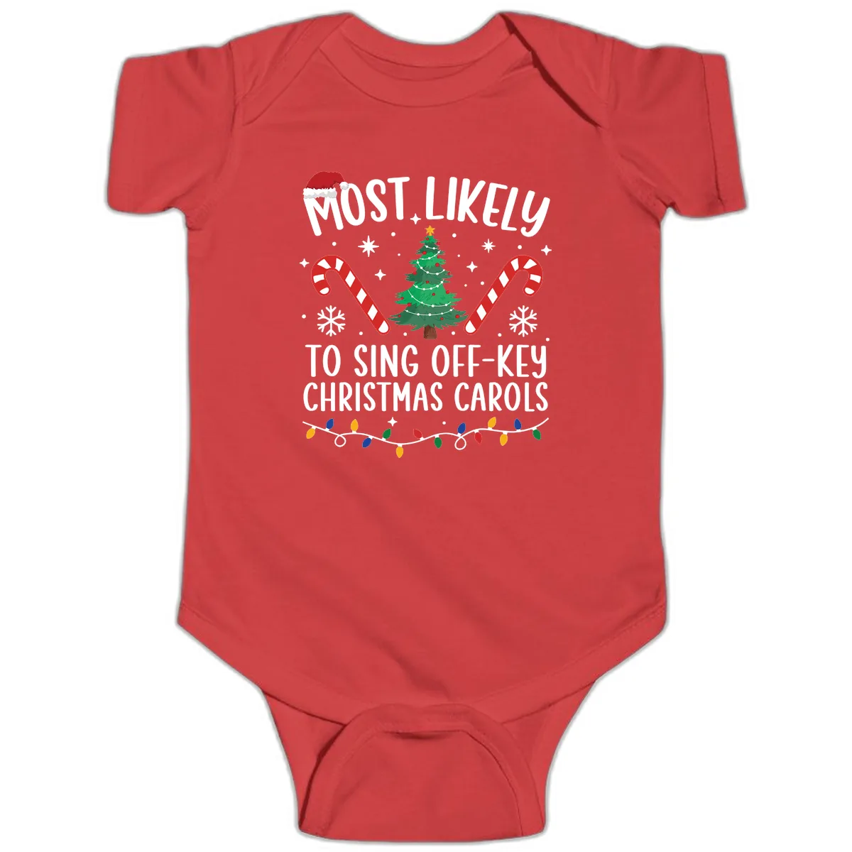 Most Likely To Sing Off-Key Christmas Carols Baby Onesie in Red