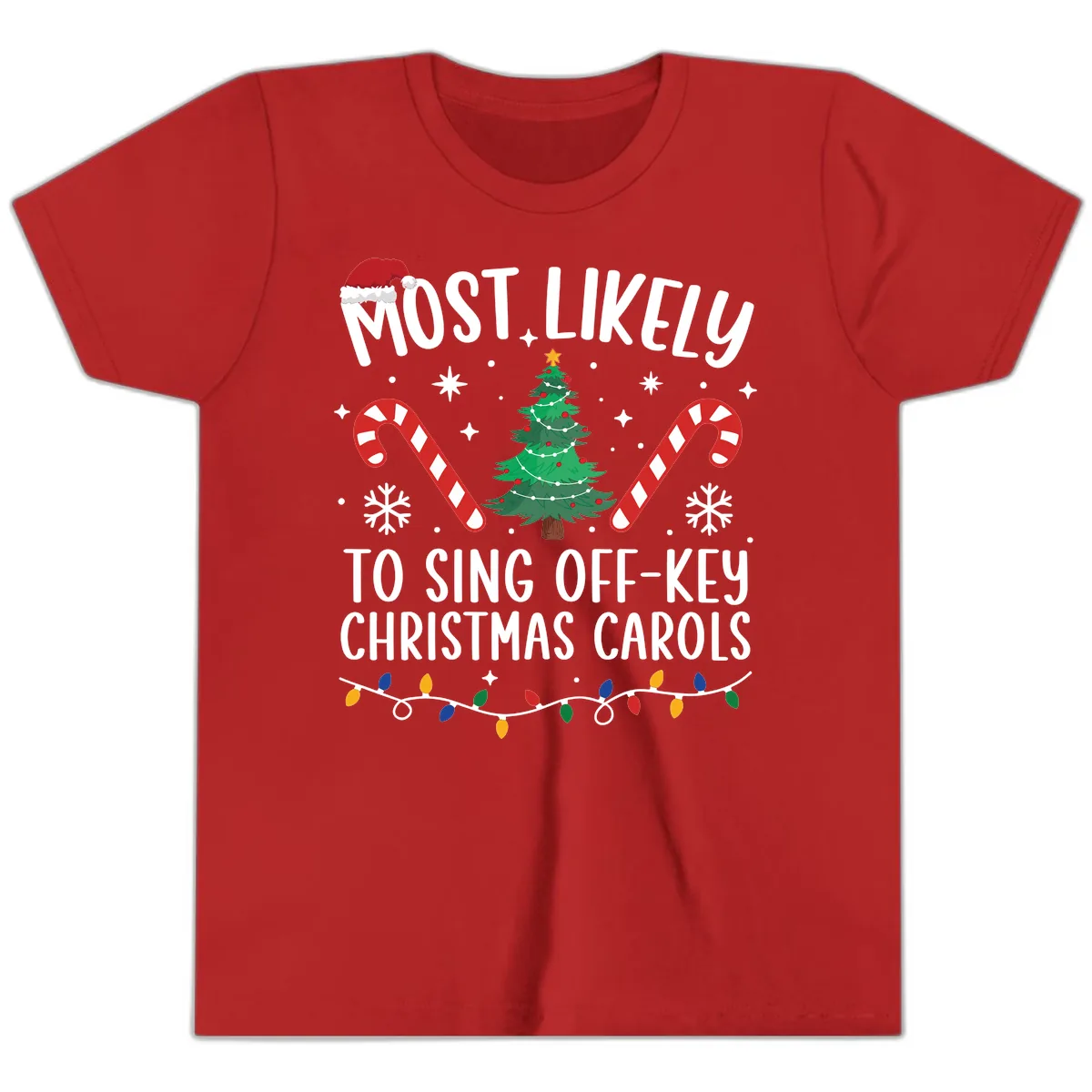 Most Likely To Sing Off-Key Christmas Carols Youth T-Shirt in Red