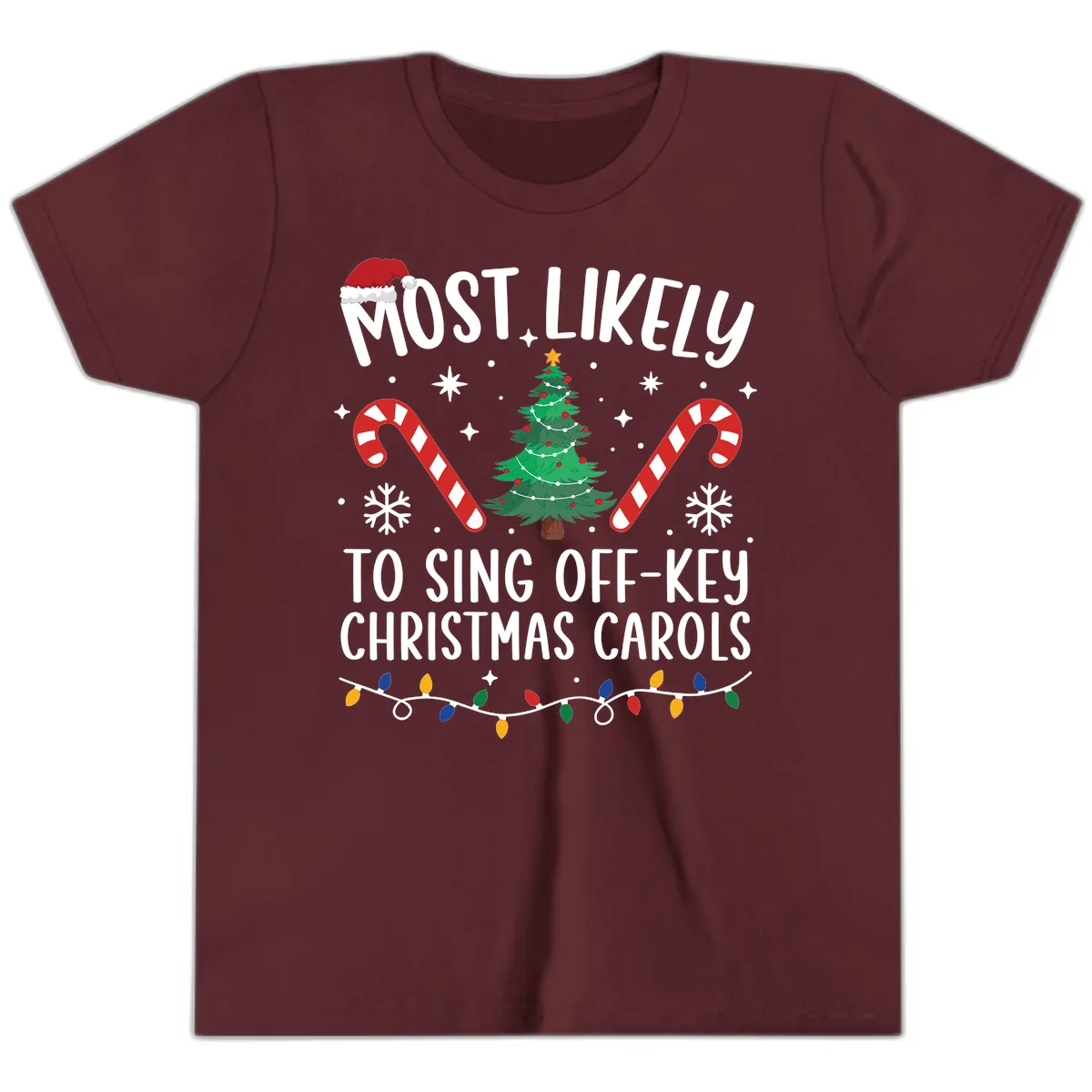 Most Likely To Sing Off-Key Christmas Carols Youth T-Shirt in Maroon