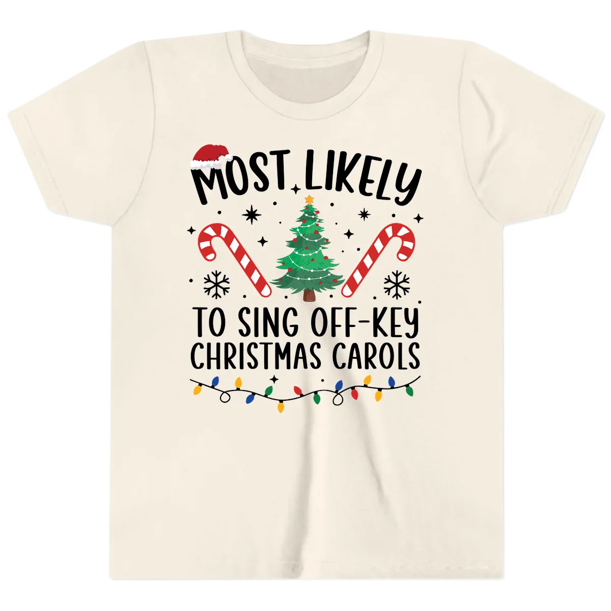 Most Likely To Sing Off-Key Christmas Carols Youth T-Shirt in Natural