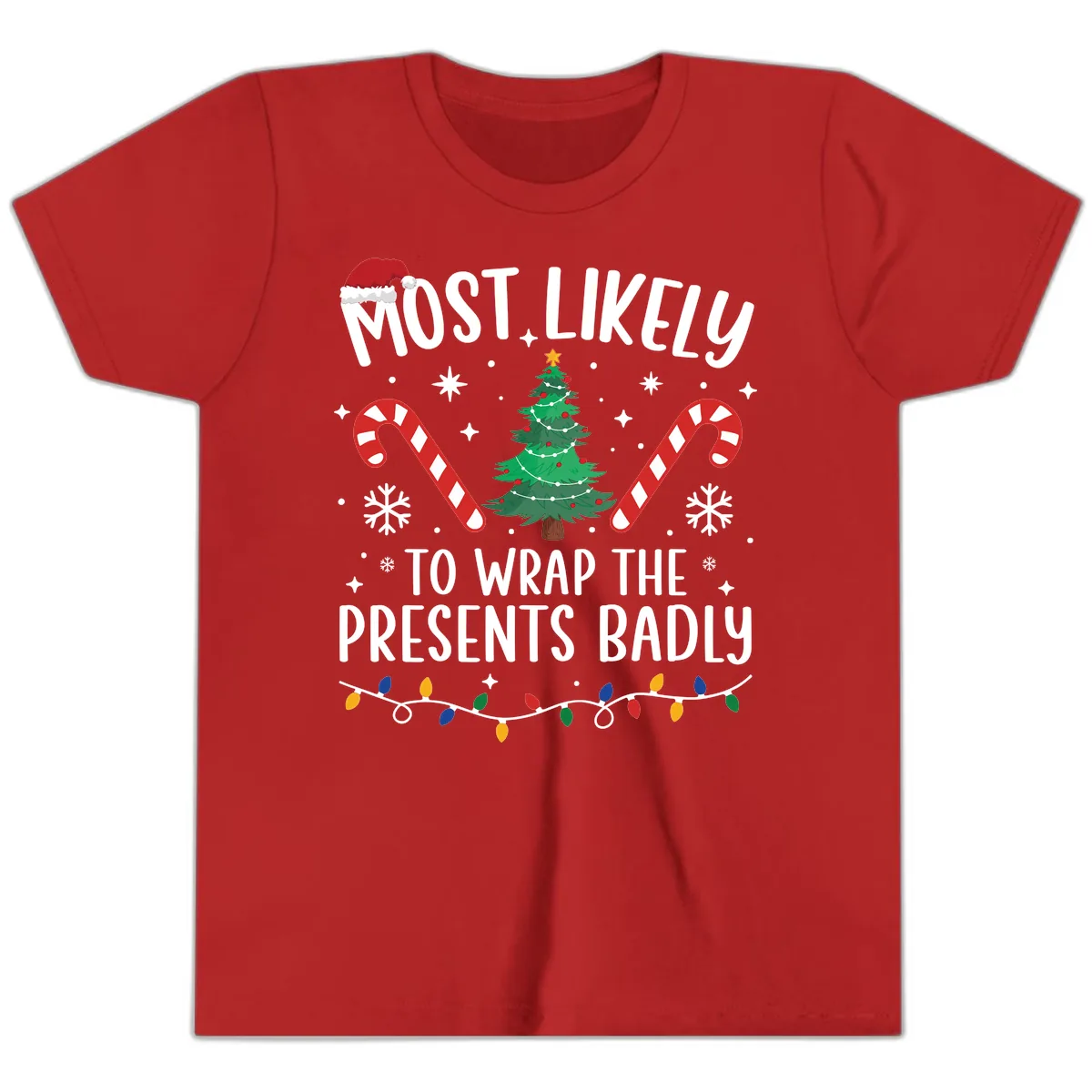 Most Likely To Wrap Presents Badly Youth T-Shirt in Red