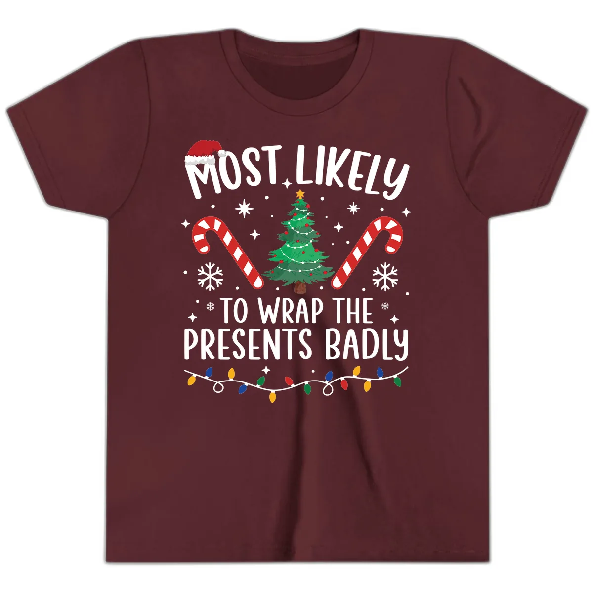 Most Likely To Wrap Presents Badly Youth T-Shirt in Maroon