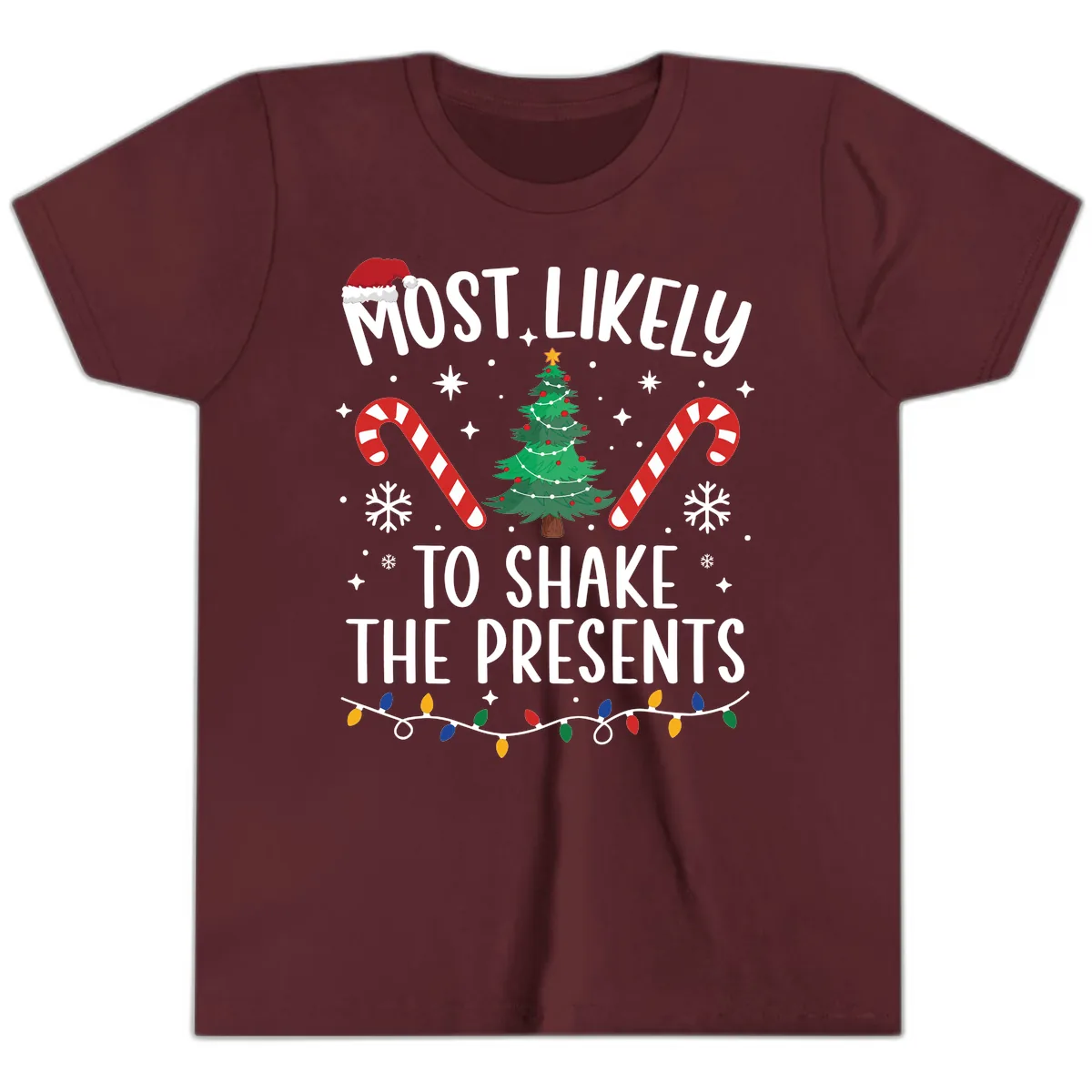 Most Likely To Shake The Presents Christmas Shirt Youth T-Shirt in Maroon