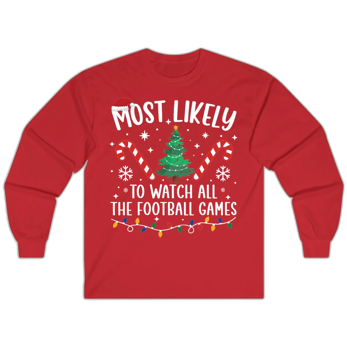 Most Likely To Watch Football Christmas Long Sleeve in Red