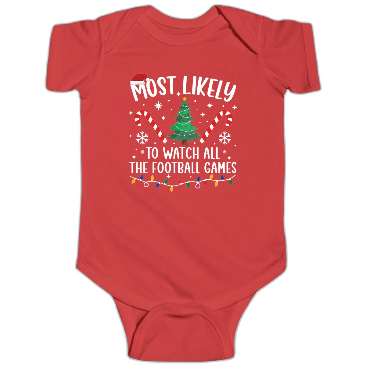 Most Likely To Watch Football Christmas Baby Onesie in Red