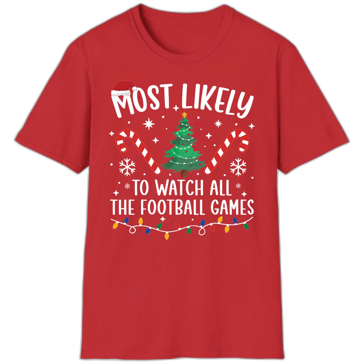 Most Likely To Watch Football Christmas T-Shirt in Red