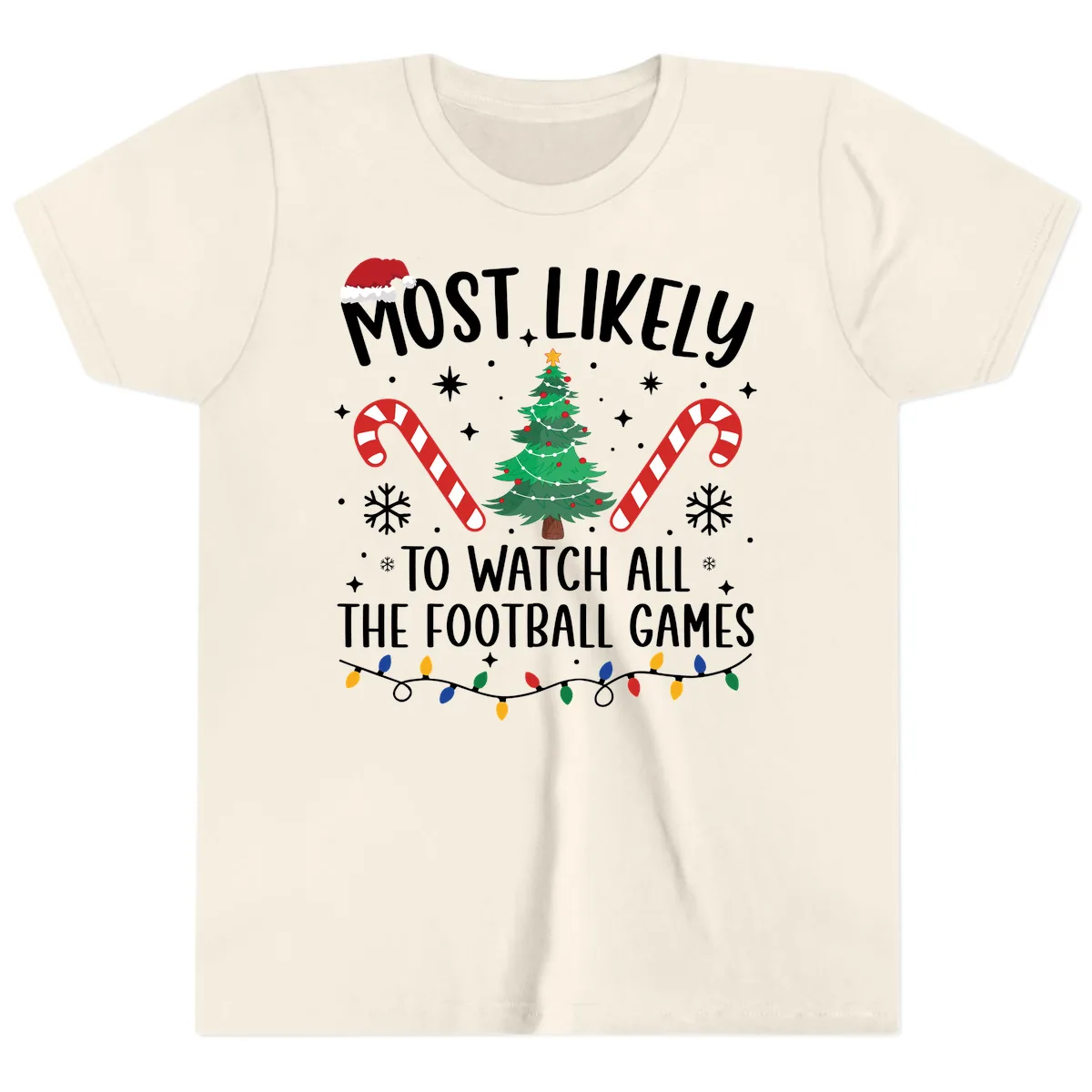 Most Likely To Watch Football Christmas Youth T-Shirt in Natural
