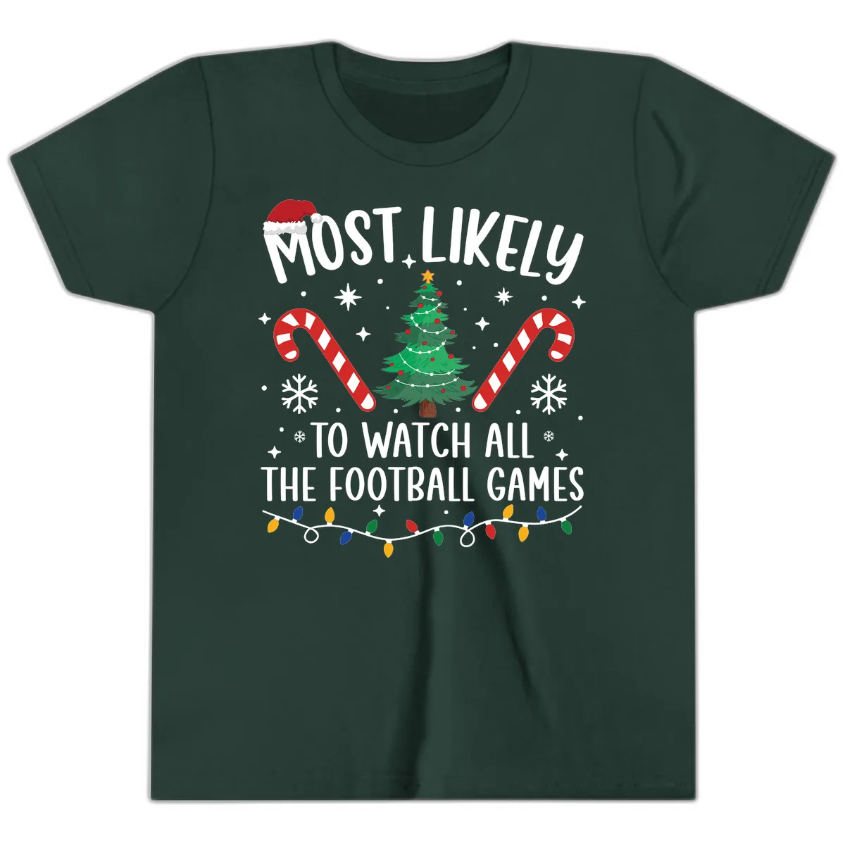 Most Likely To Watch Football Christmas Youth T-Shirt in Forest