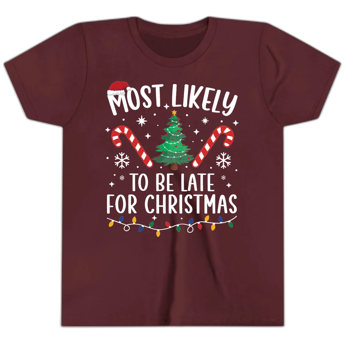 Most Likely To Be Late For Christmas Youth T-Shirt in Maroon